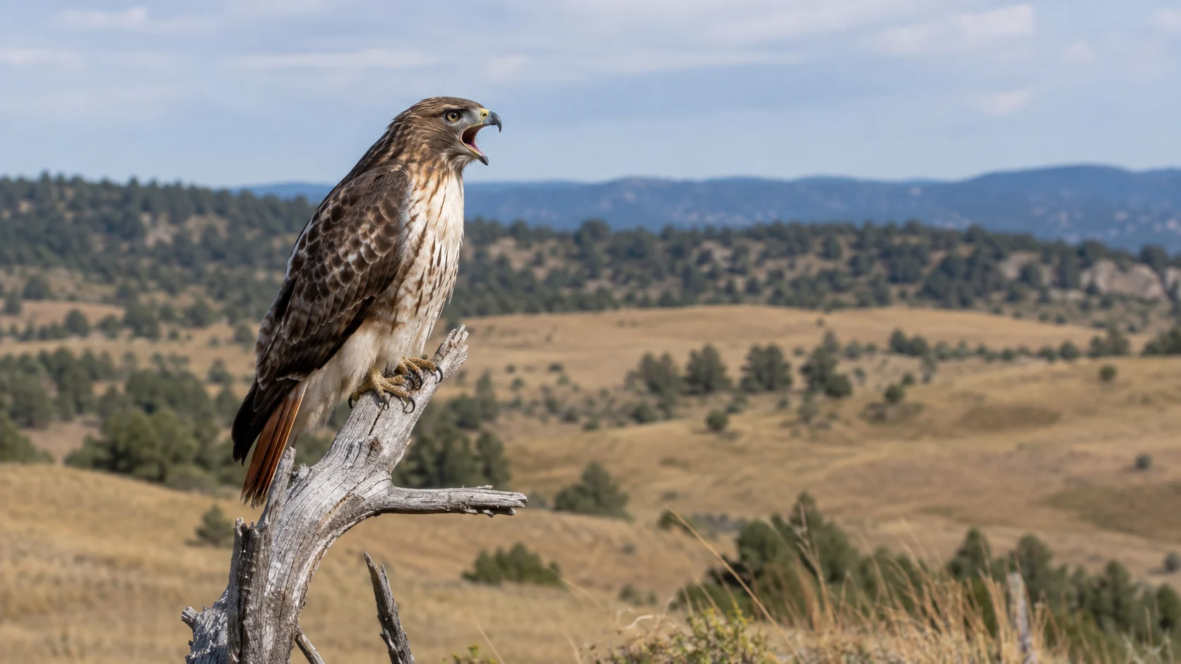 Red-tailed hawk calling above open grassland.