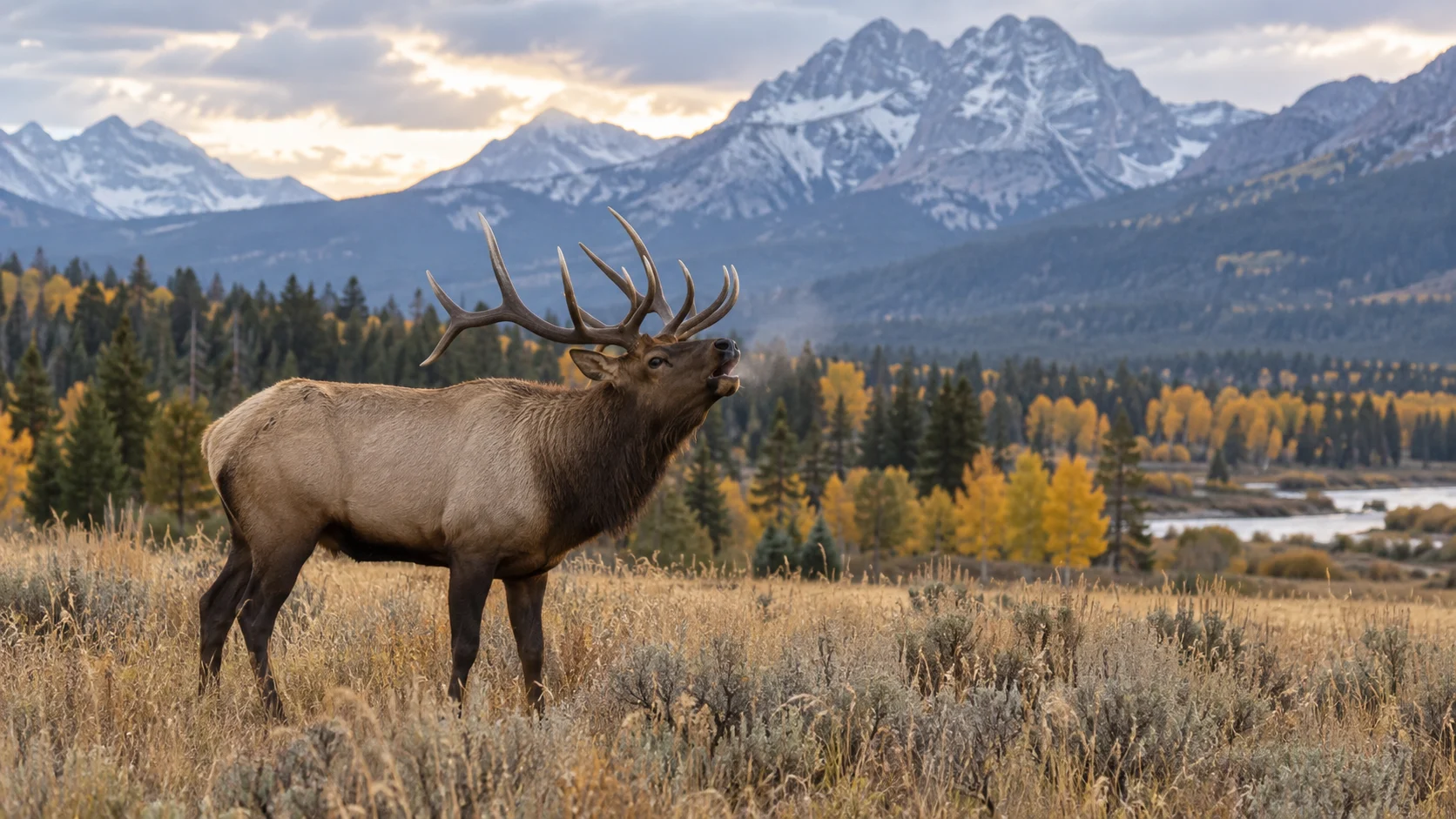 Bull elk bugling in an autumn mountain meadow.