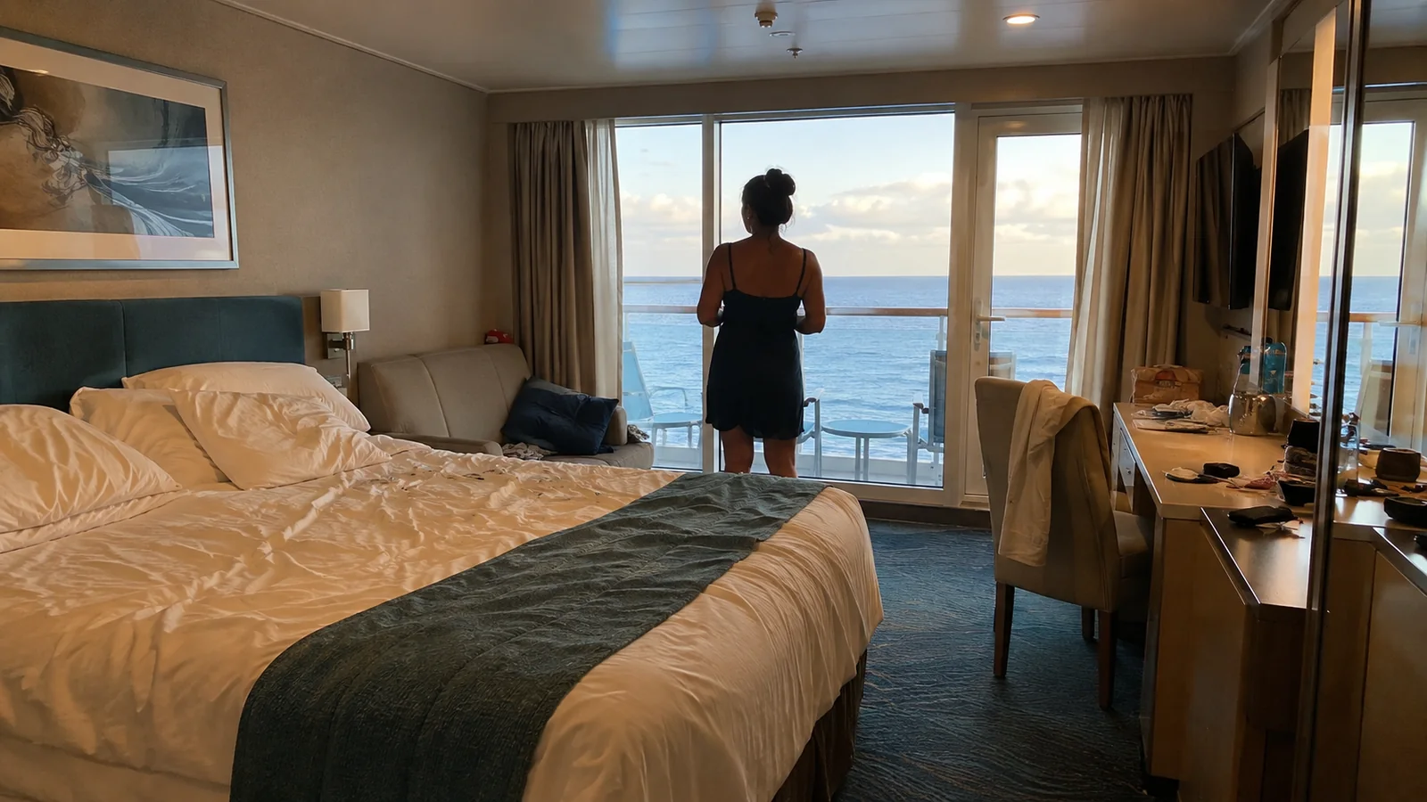 Balcony cabin with a double bed and a traveler looking out through the glass doors.