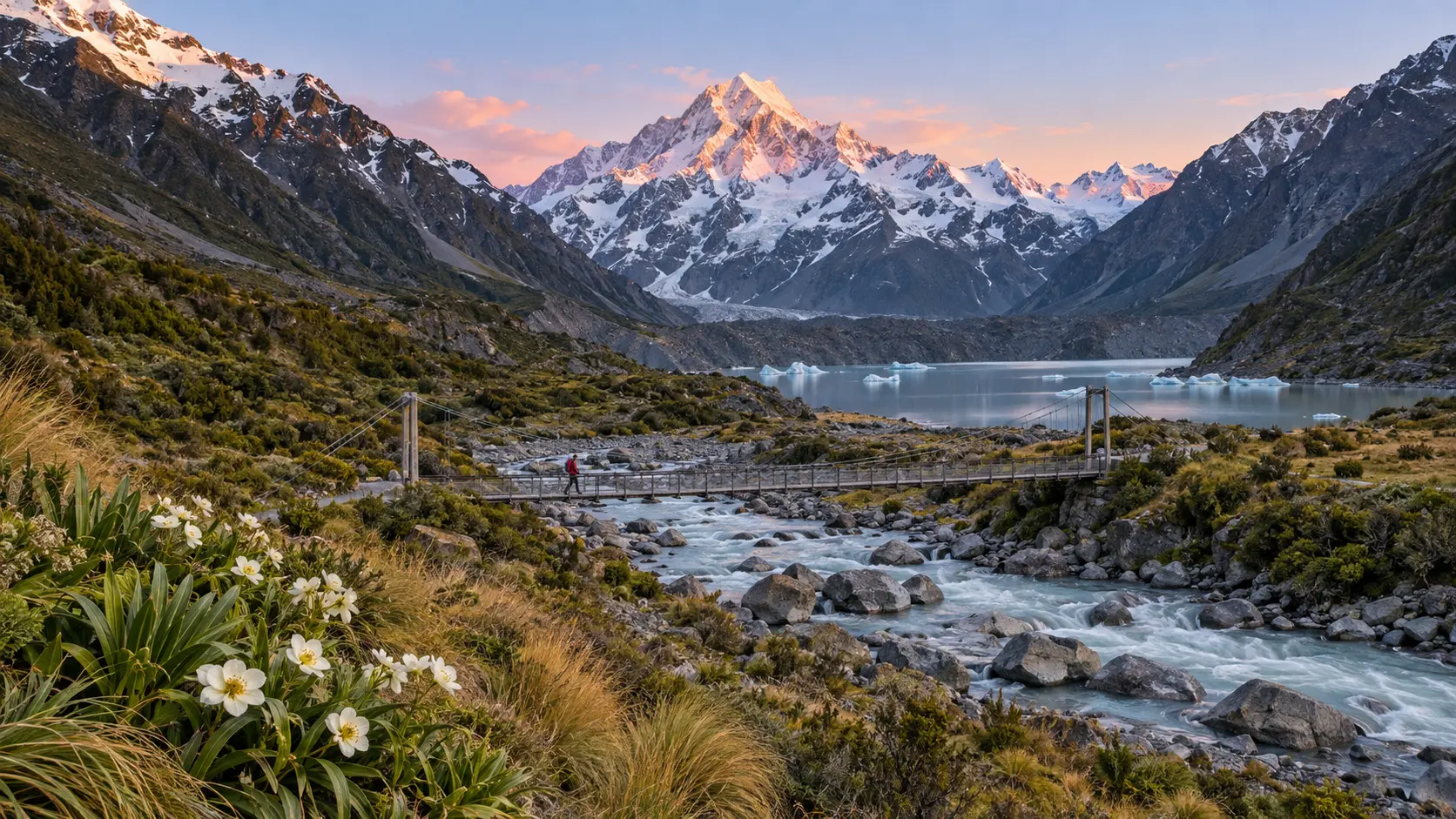 Aoraki glows above Hooker Lake, alpine flowers and a swing bridge in Mount Cook National Park.