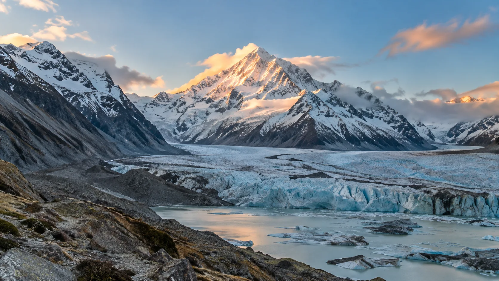 Aoraki Mount Cook above the blue-white Tasman Glacier and moraine lake