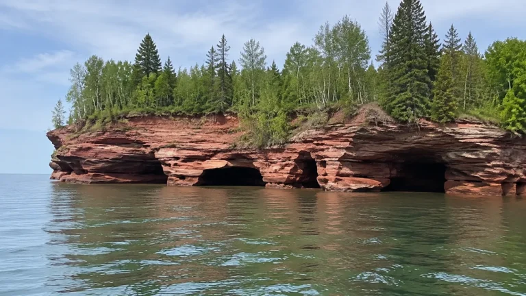 Red sandstone sea caves line a wooded lakeshore.