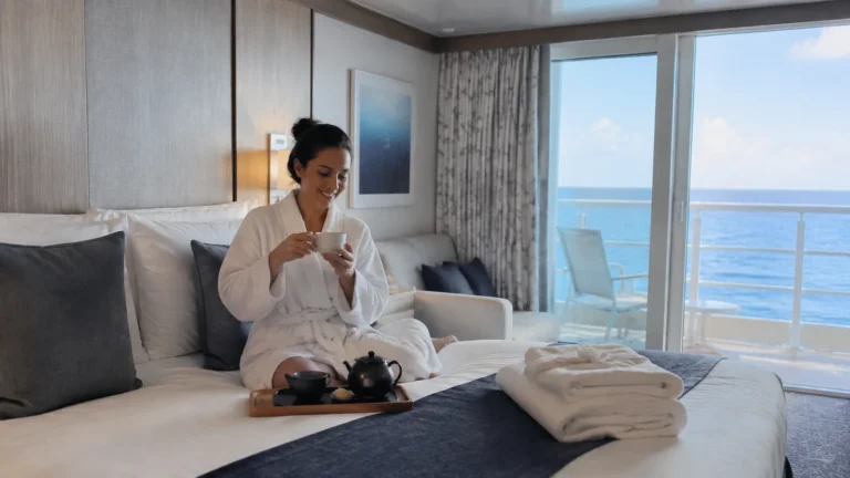 Woman in a bathrobe holds a cup beside a cabin balcony.