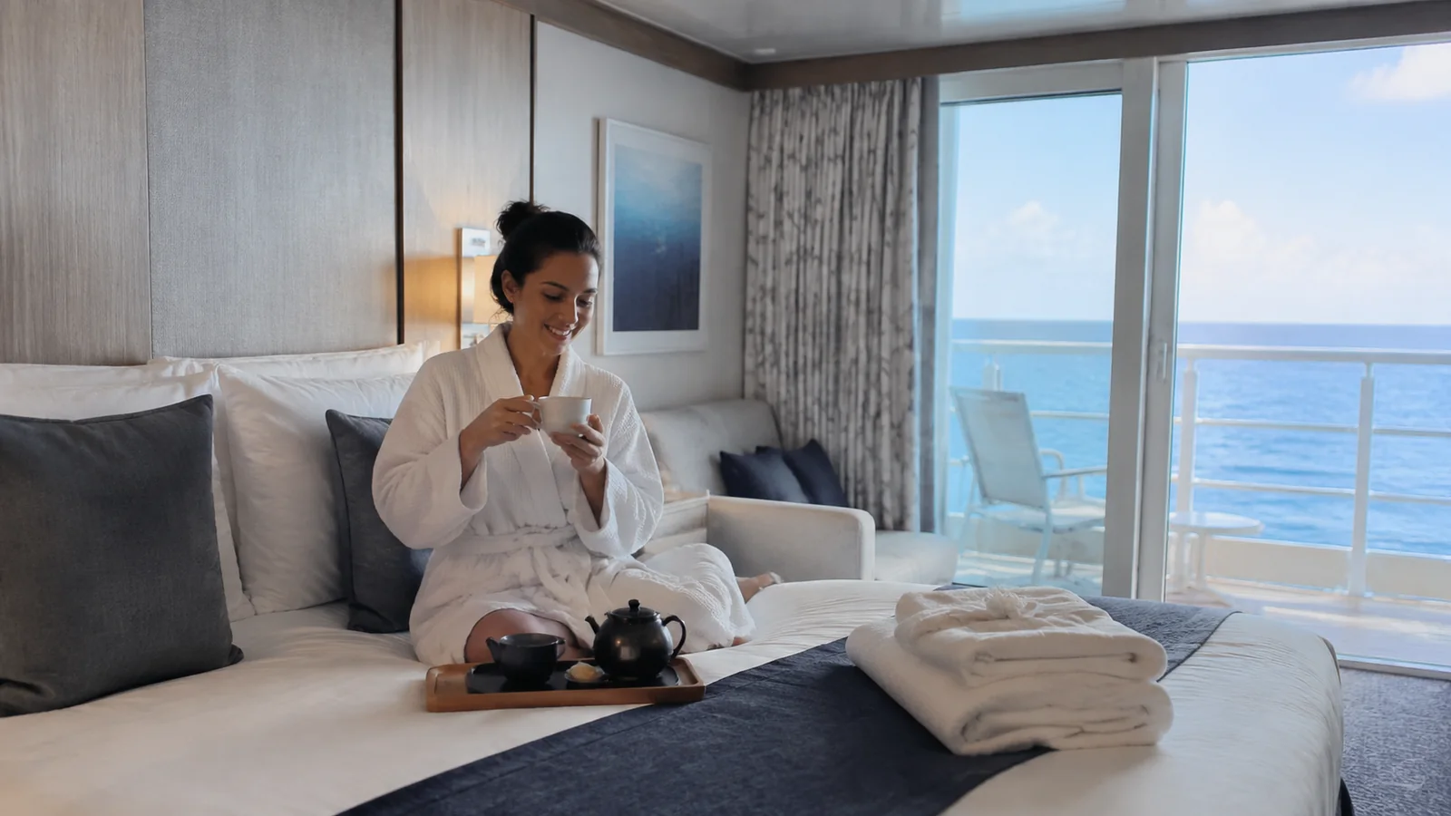 Woman in a bathrobe holds a cup beside a cabin balcony.