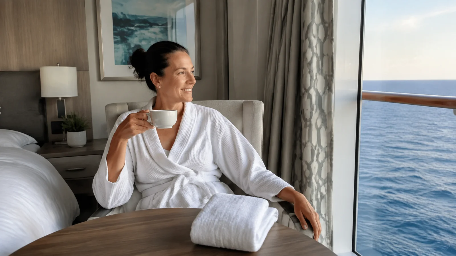 Woman in a bathrobe drinks from a cup overlooking the sea.