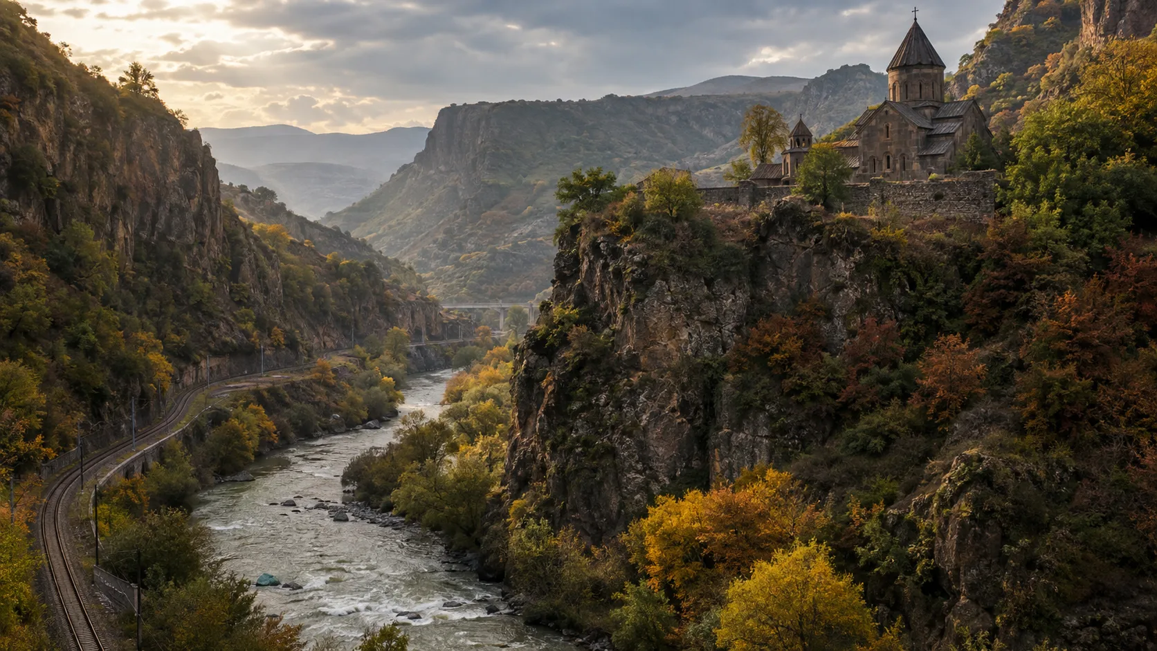 The Debed River and railway wind beneath cliffs and a hillside monastery.