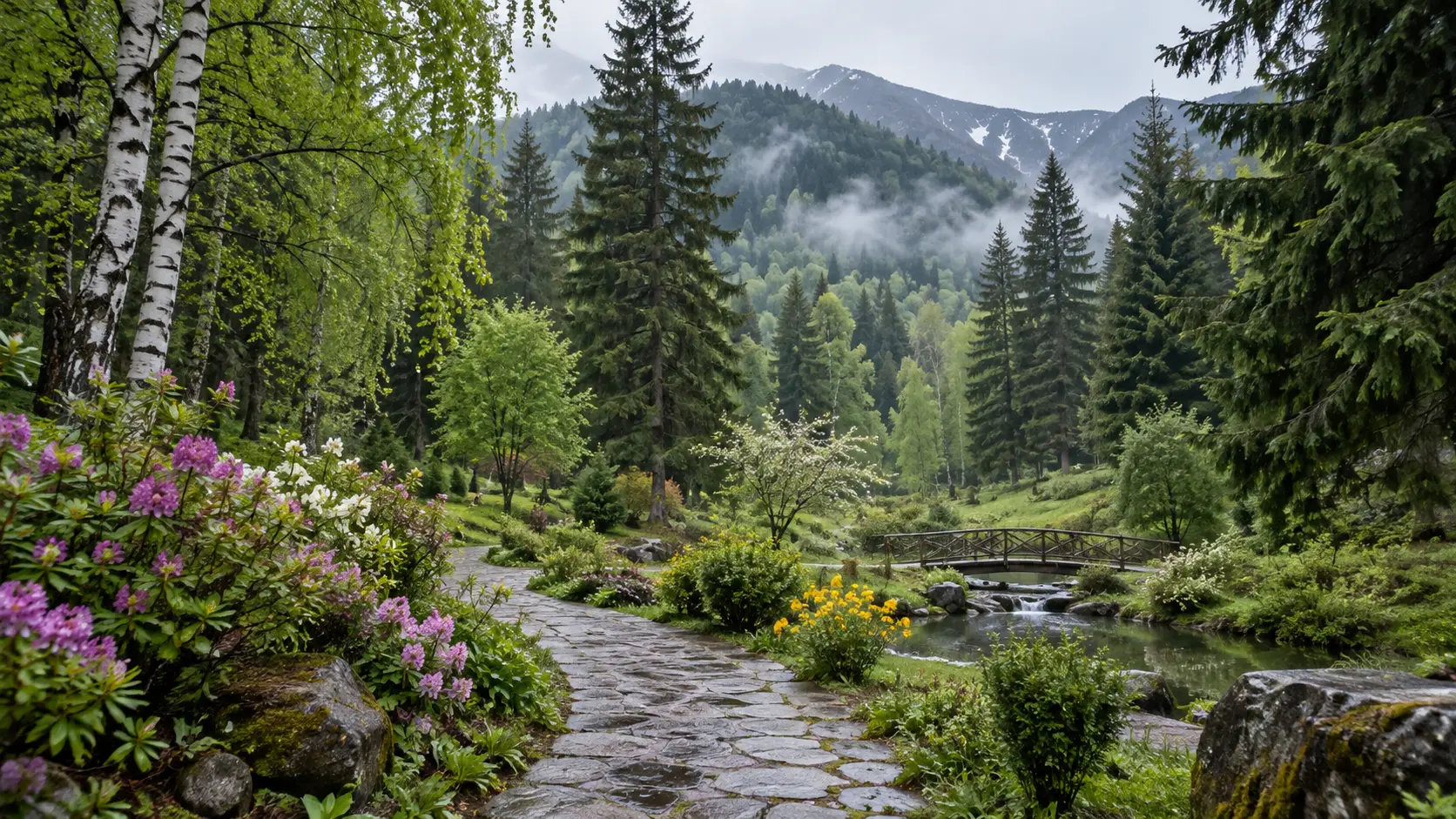 Conifers and birches line a misty path through Armenia's Stepanavan Dendropark.