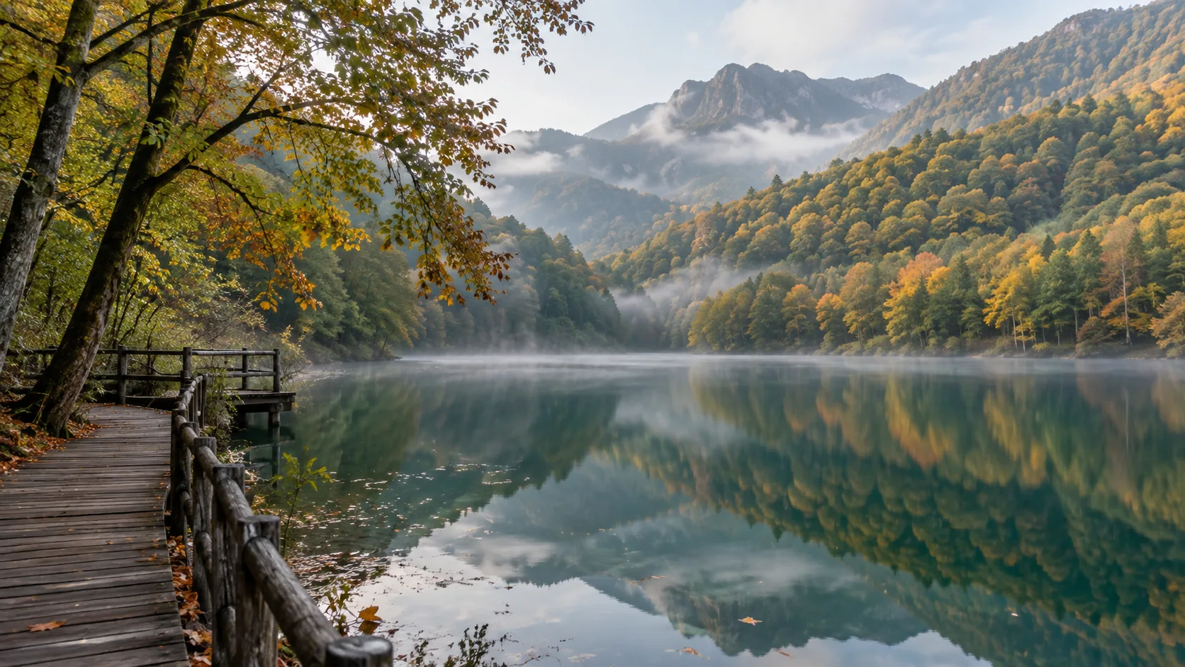 Autumn forest and mist reflect in Lake Parz at Dilijan National Park.