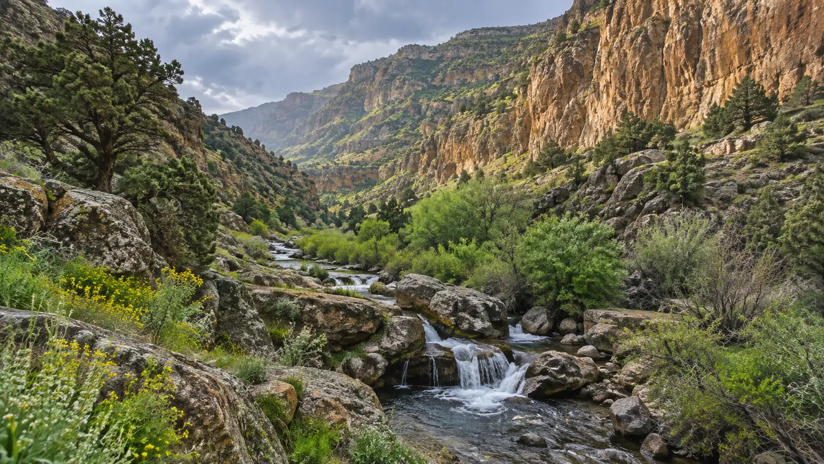 Ochre cliffs and juniper woodland surround a stream in Khosrov Forest Reserve.