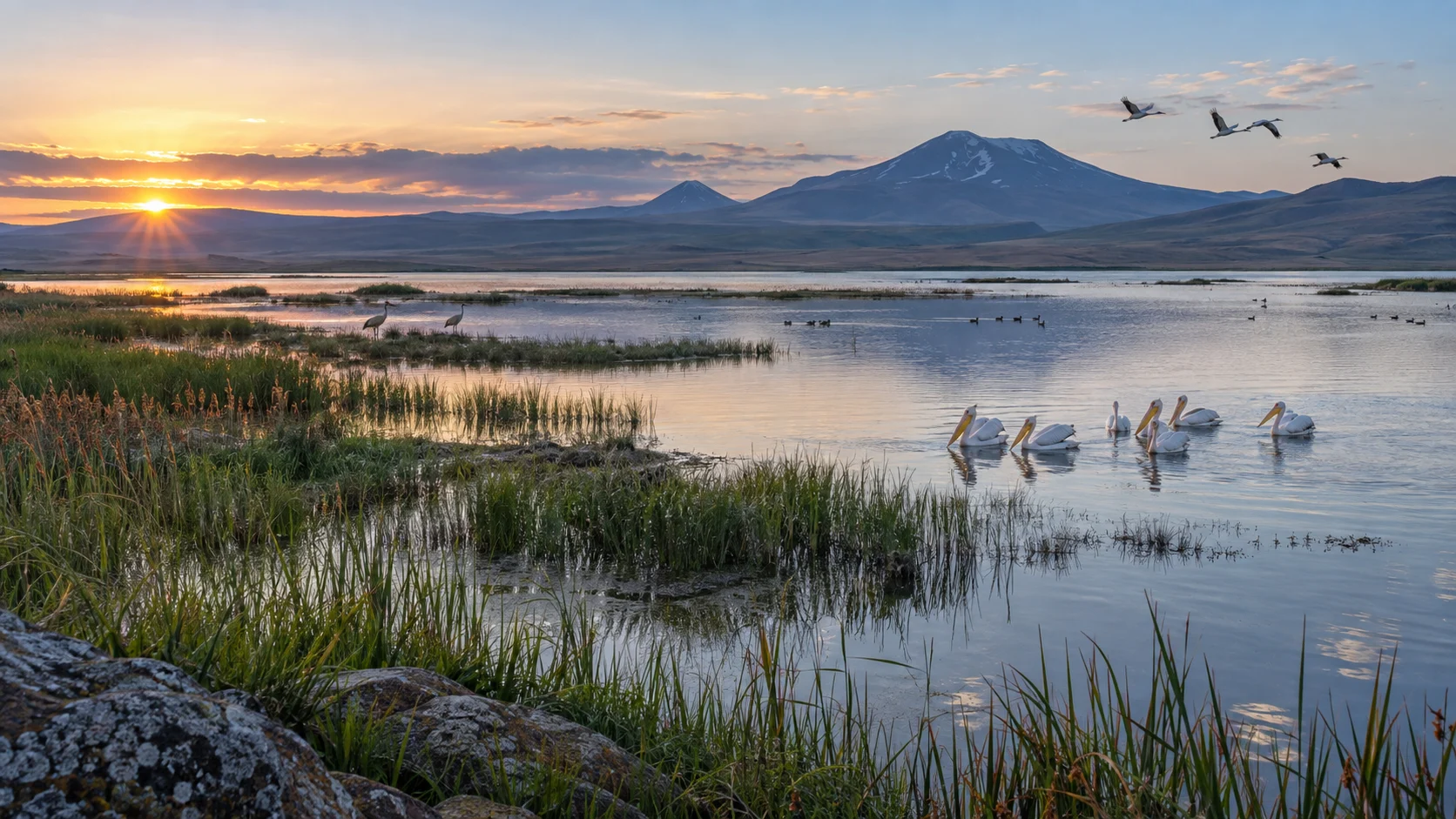 Wetlands and distant volcanic mountains surround Lake Arpi in Armenia.