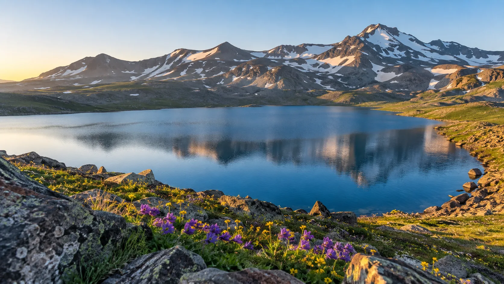 Lake Kari rests beneath the rugged snow-dusted peaks of Mount Aragats.