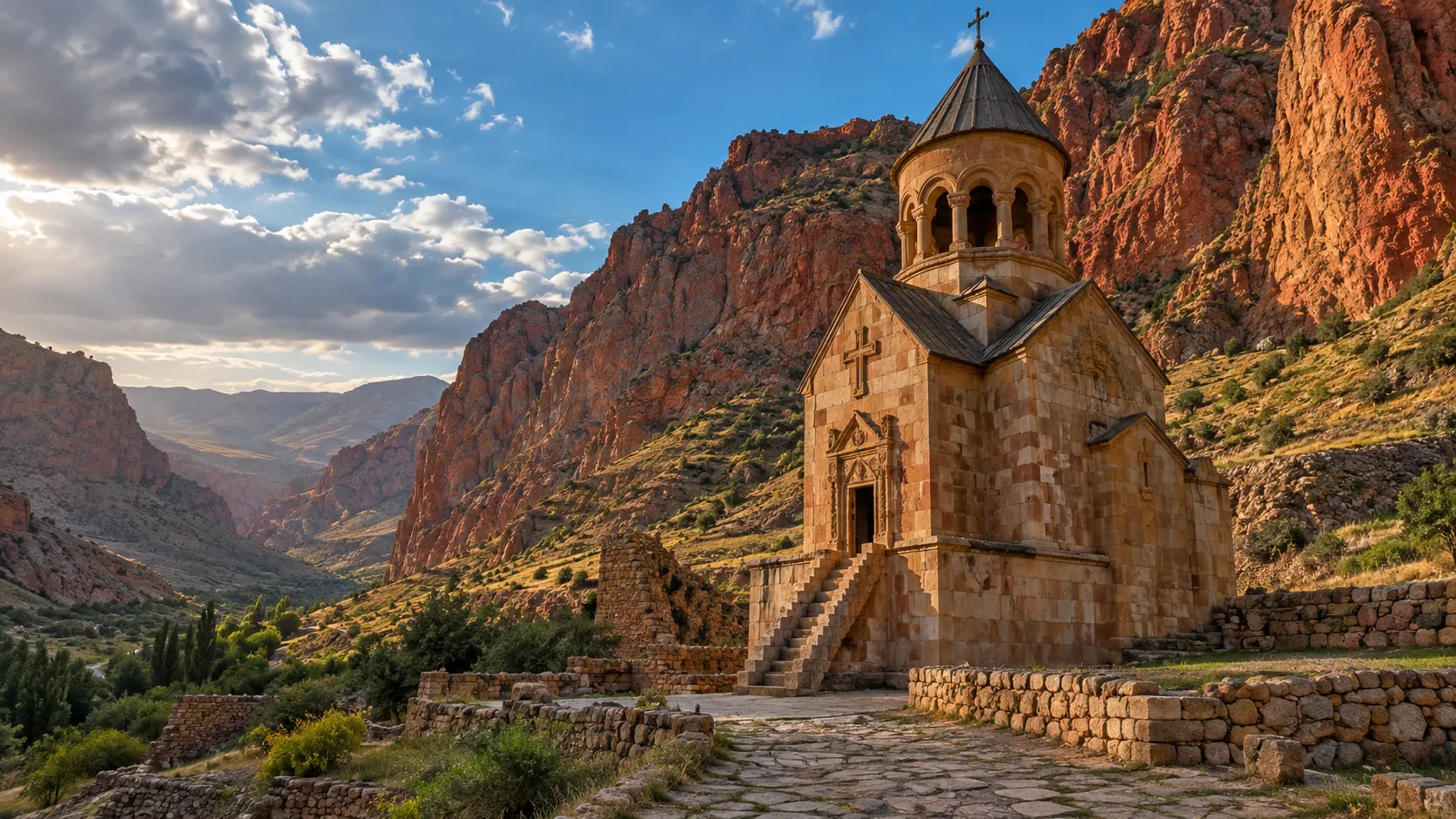 Noravank Monastery stands beneath the crimson cliffs of Amaghu Gorge.