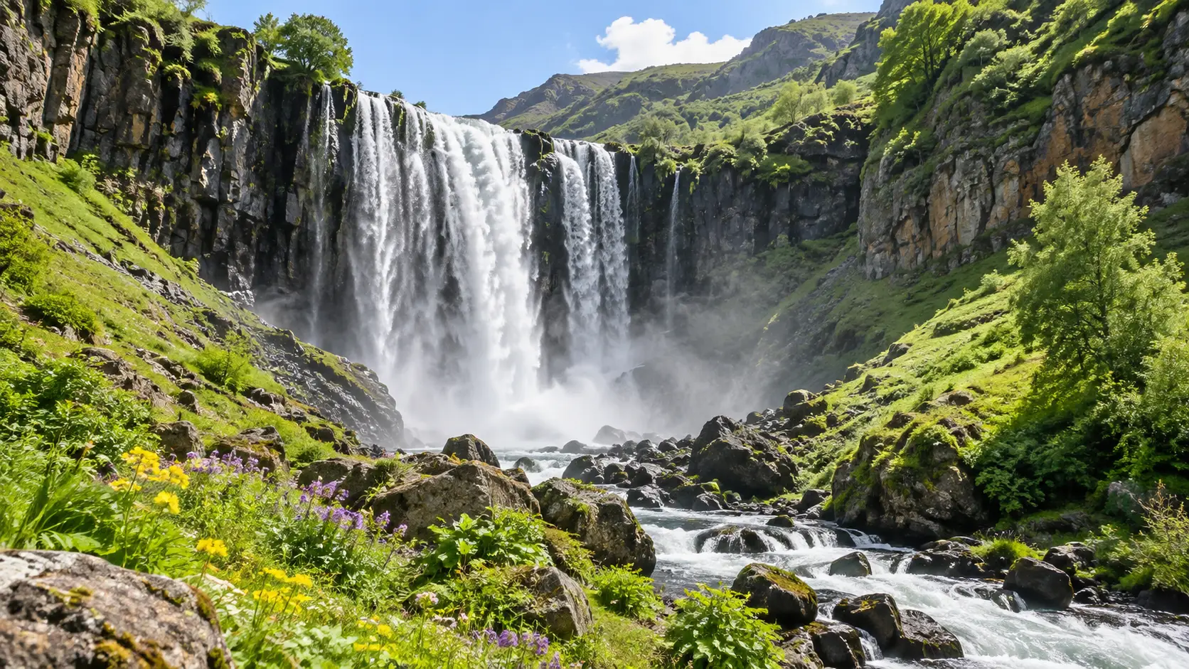 Shaki Waterfall pours over basalt into a green ravine in southern Armenia.