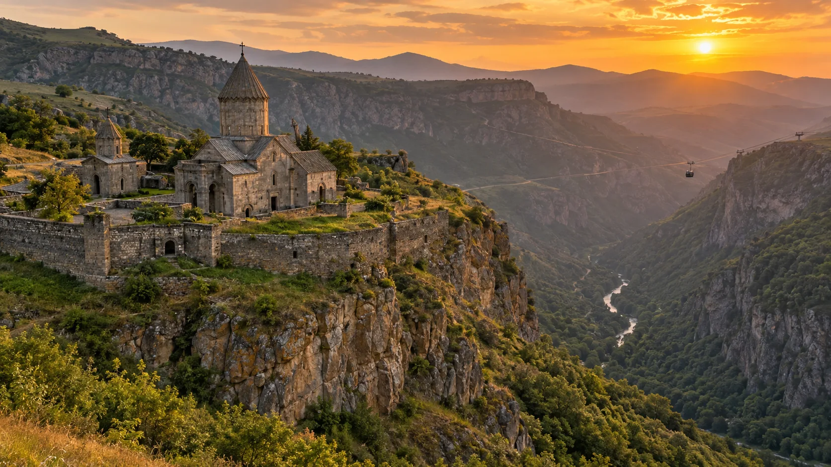Tatev Monastery perches above the immense Vorotan Gorge at sunset.