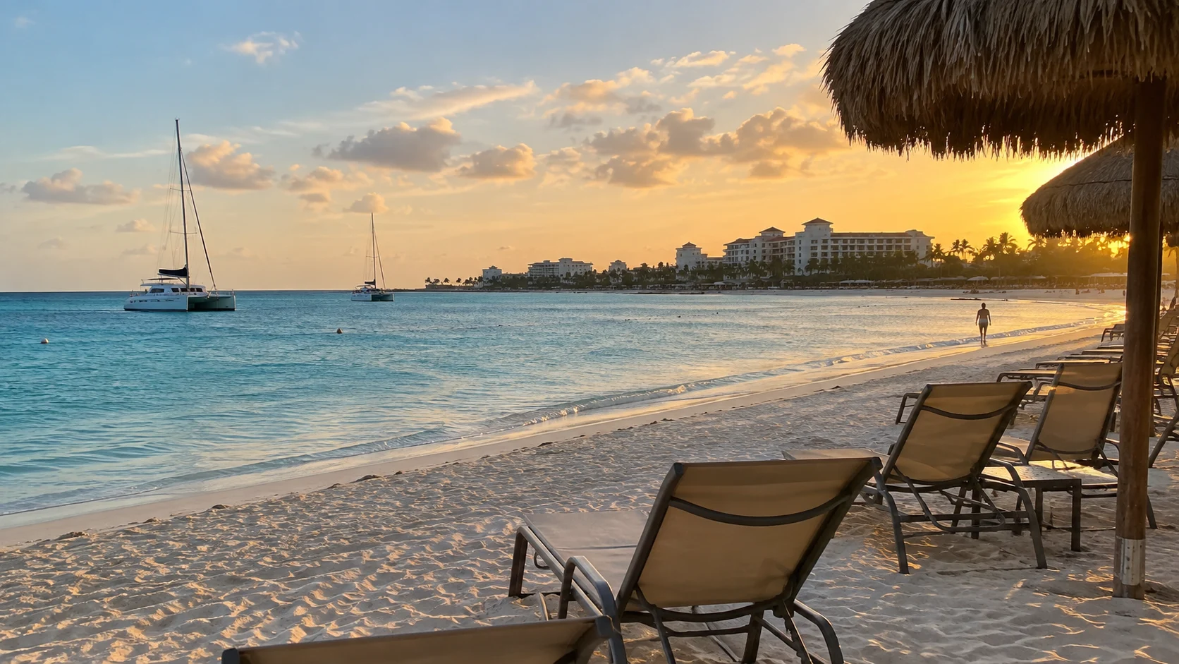 Sailboats and mostly empty beach chairs along Palm Beach at sunset.