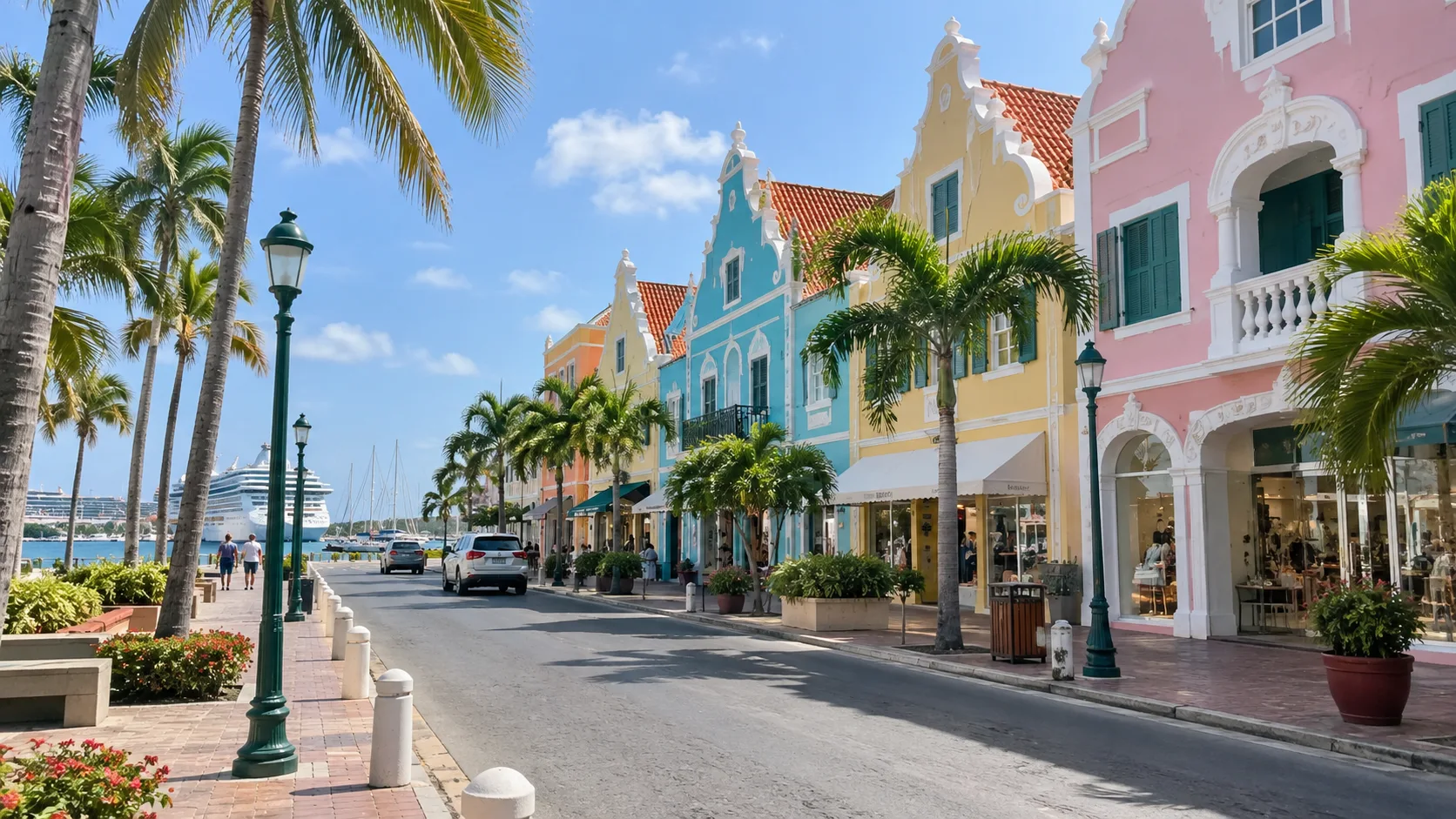 Pastel Dutch Caribbean buildings and palms along the Oranjestad waterfront.