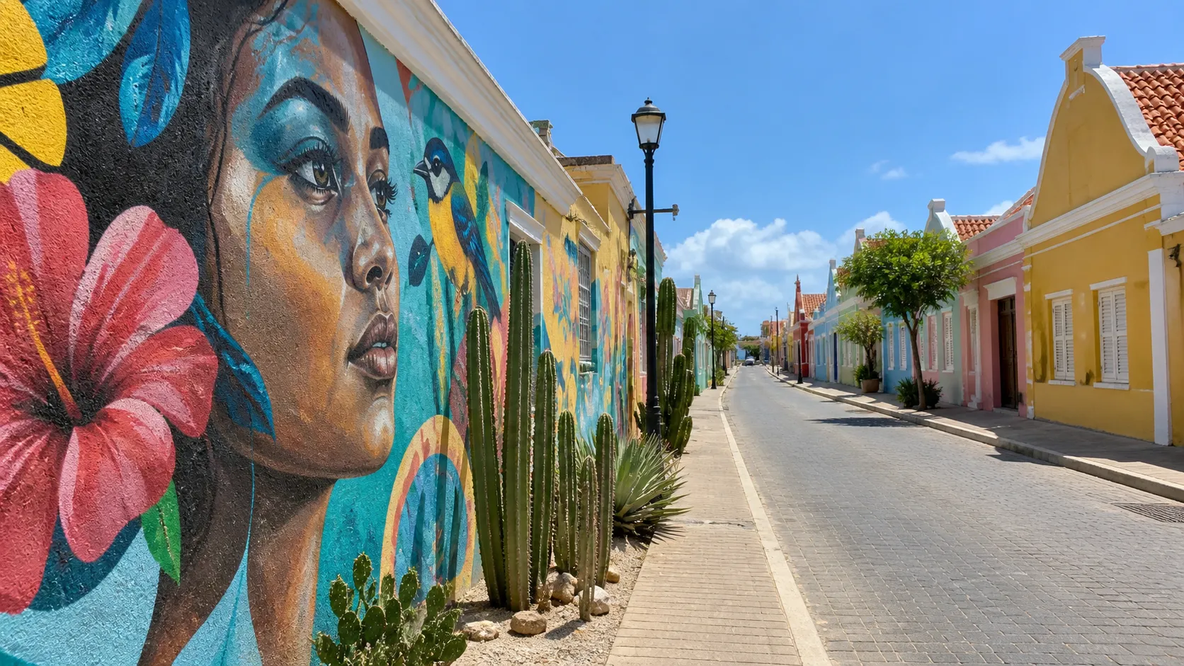Community mural and colorful low buildings along a quiet San Nicolas street.