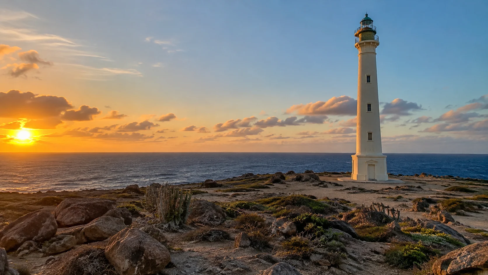 California Lighthouse above Aruba's rugged northwest coast at sunset.