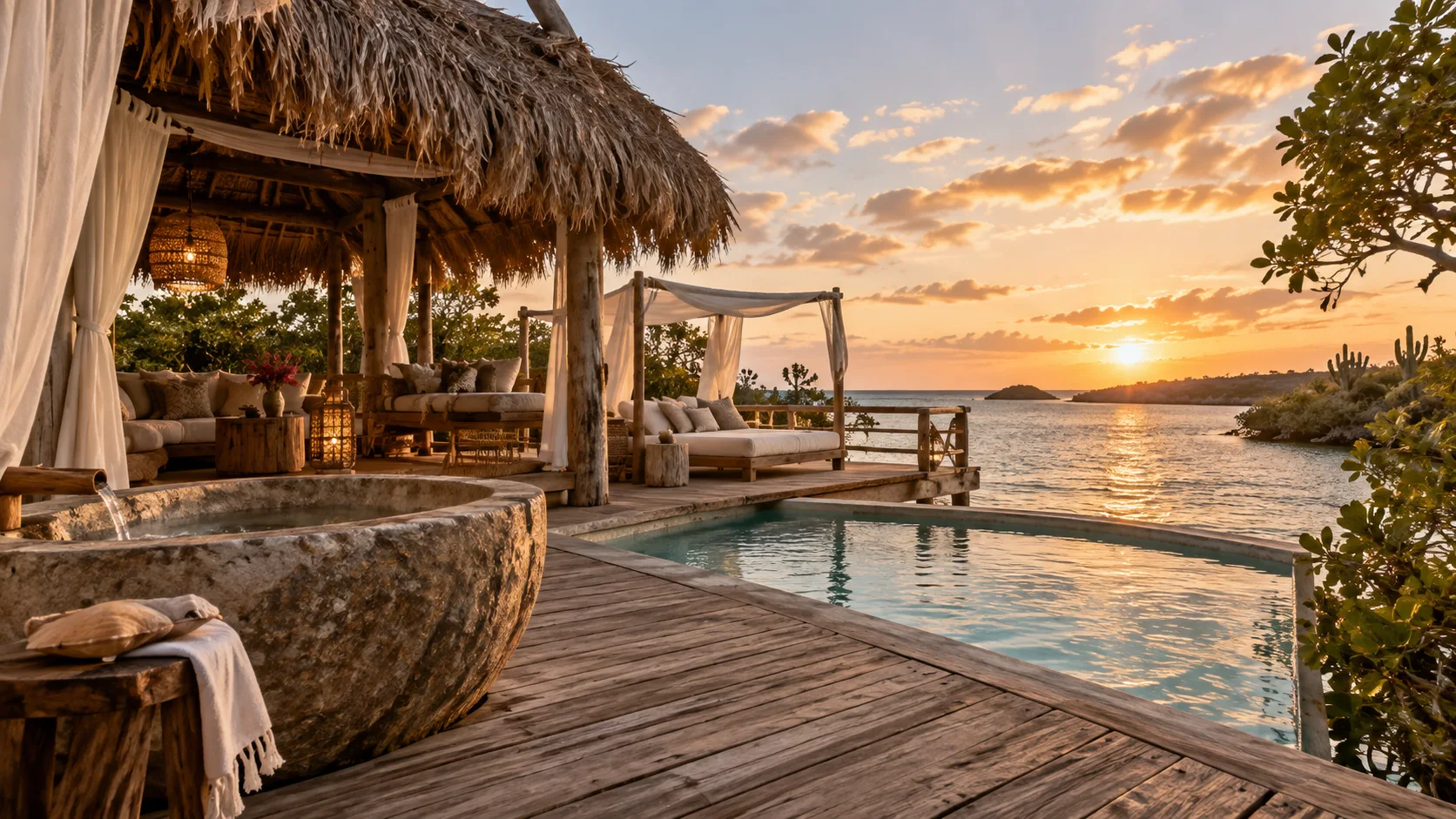 Thatched palapa, stone soaking tub and private pool at an Aruba Ocean Villas overwater retreat.