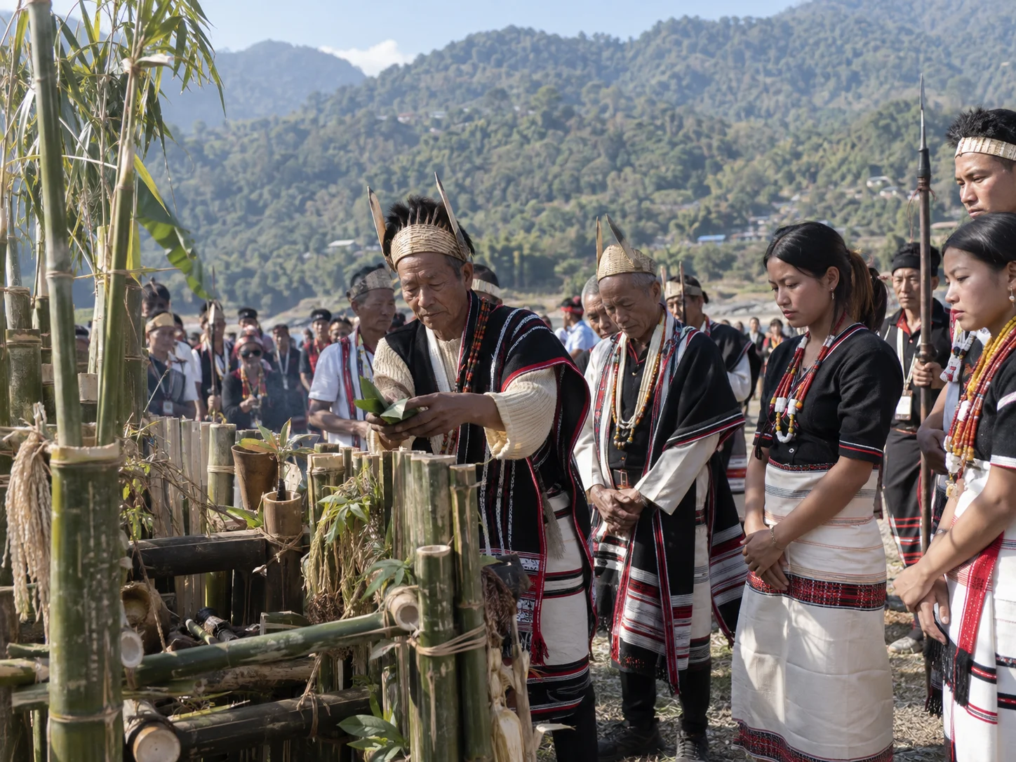 Tagin community members gather around a bamboo ritual altar during Si-Donyi.