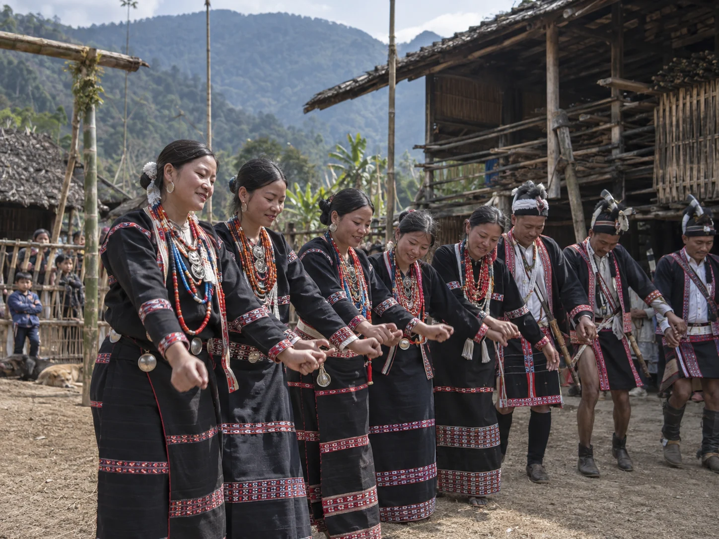 Idu Mishmi women and men perform a community dance during the Reh festival.