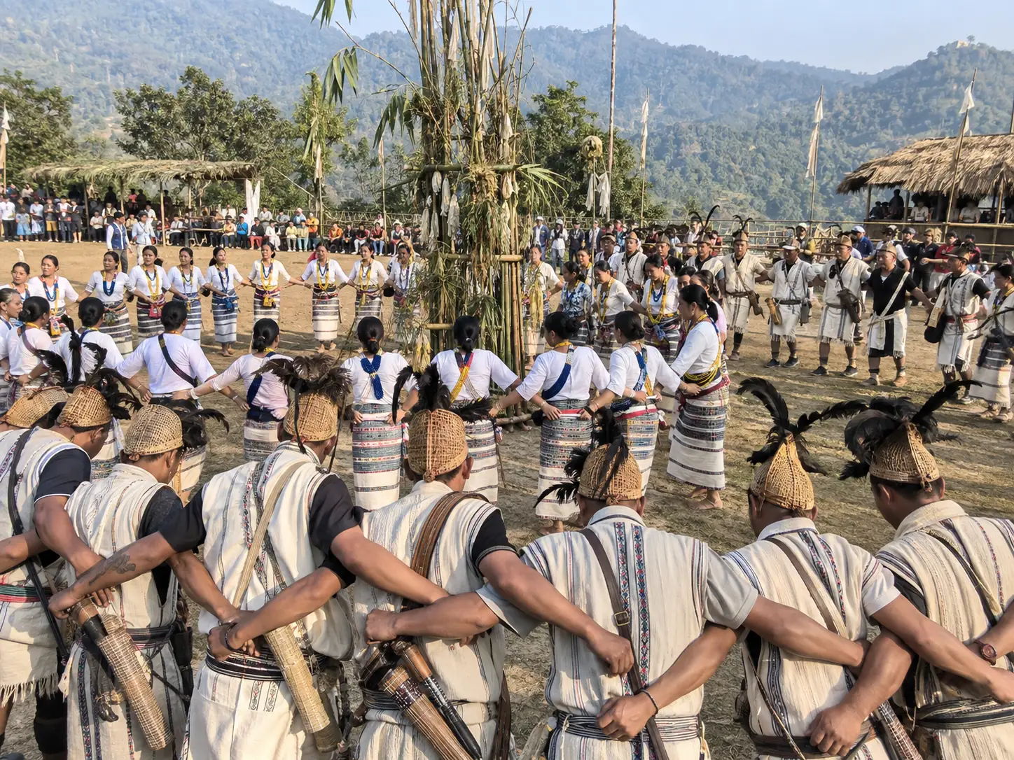Nyishi community dancers circle a bamboo ritual structure during Nyokum Yullo.