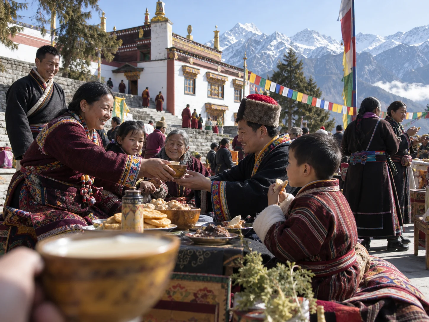 Monpa family members share tea and festive food during Losar near Tawang.