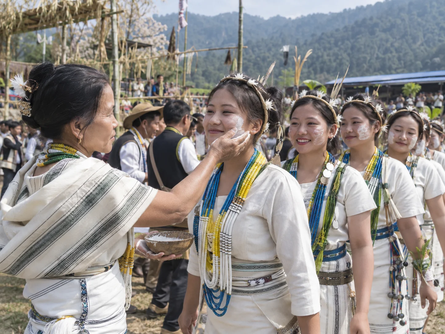 Galo women receive ceremonial rice paste during the Mopin festival.