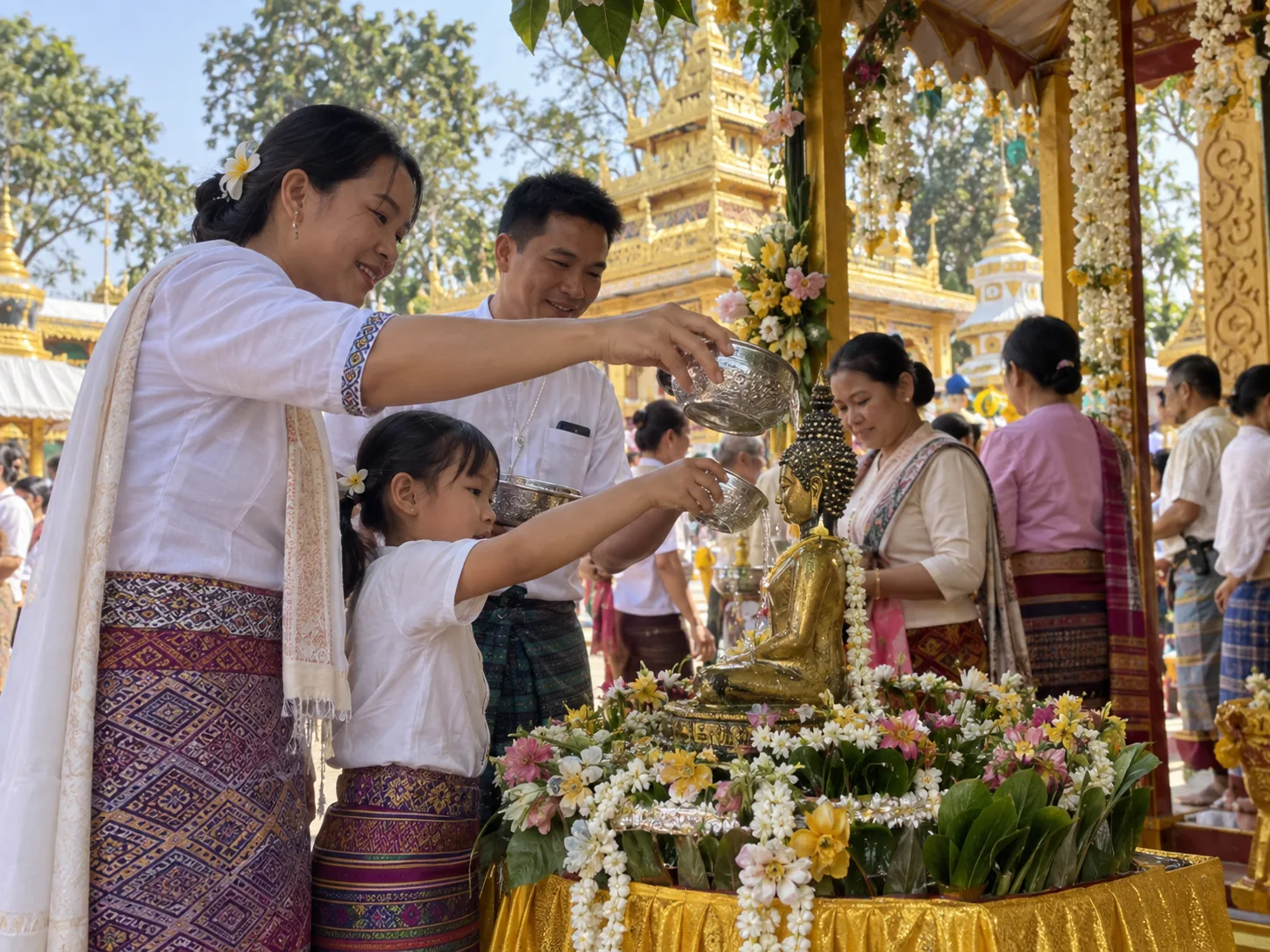 Tai Khamti family members pour water over a Buddha image during Sangken.