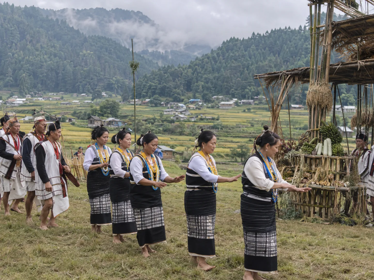 Apatani community dancers celebrate Dree beside the rice fields of Ziro Valley.