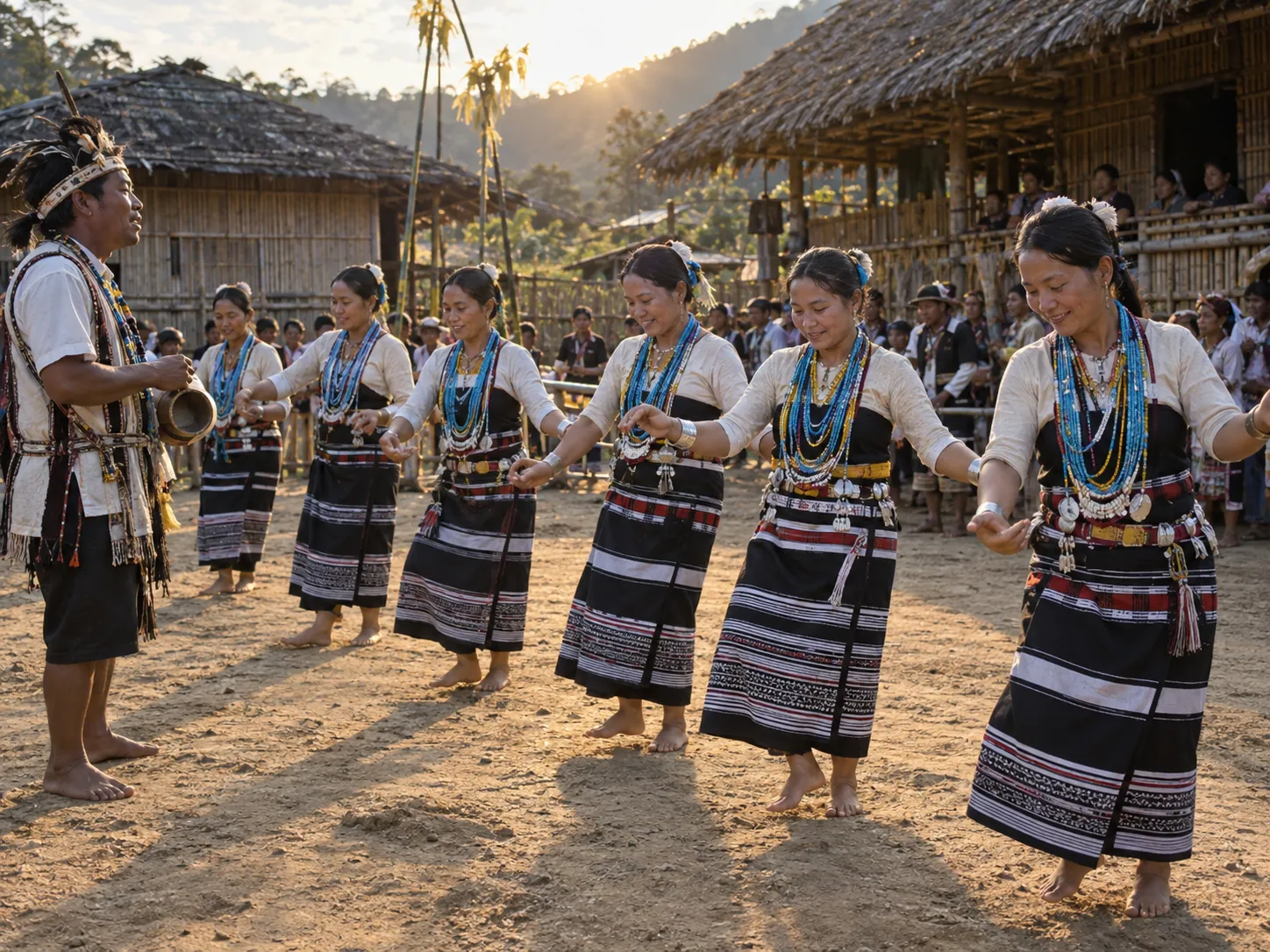 Adi women perform a group dance with a musician during Solung.