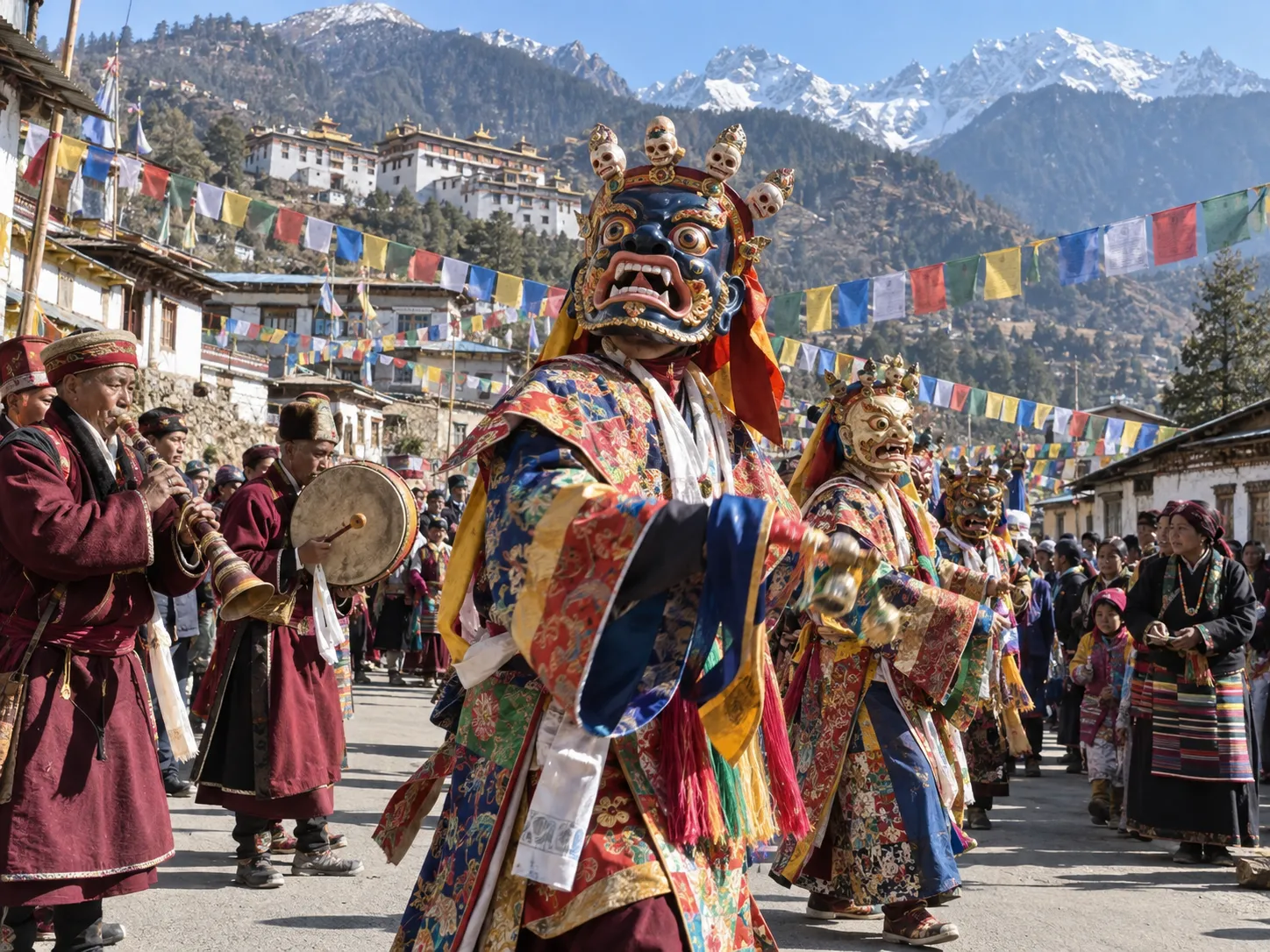 Monpa masked dancers and musicians process beneath prayer flags at Tawang Festival.