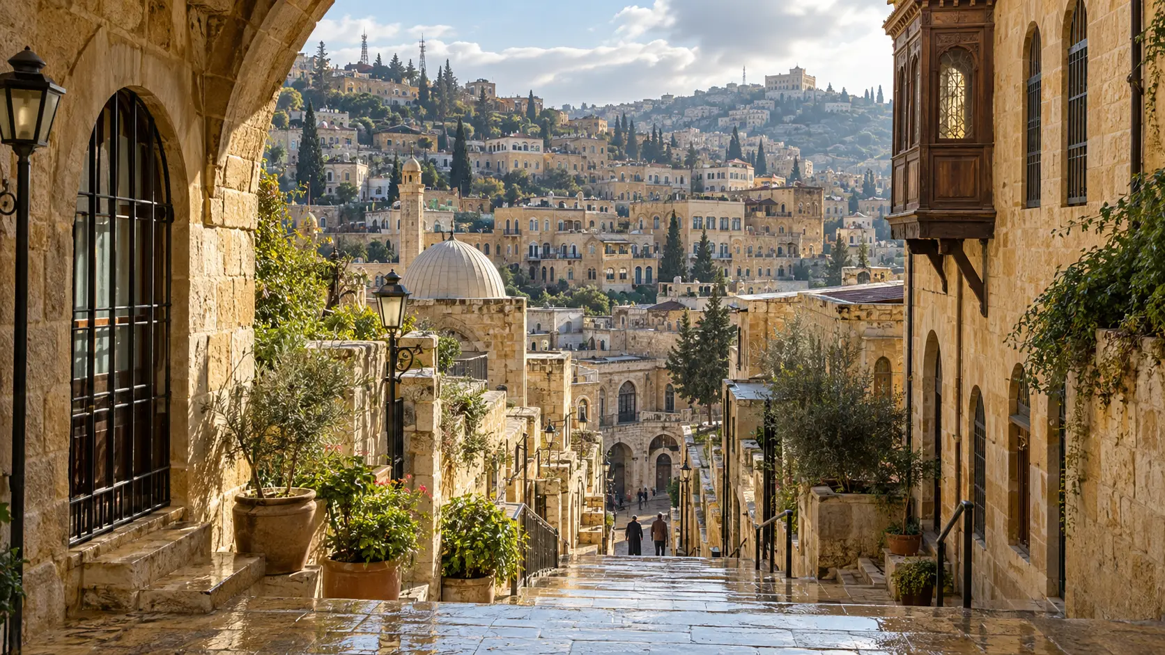 A wet stone stairway descending through Ottoman-era limestone buildings in historic As-Salt, Jordan.