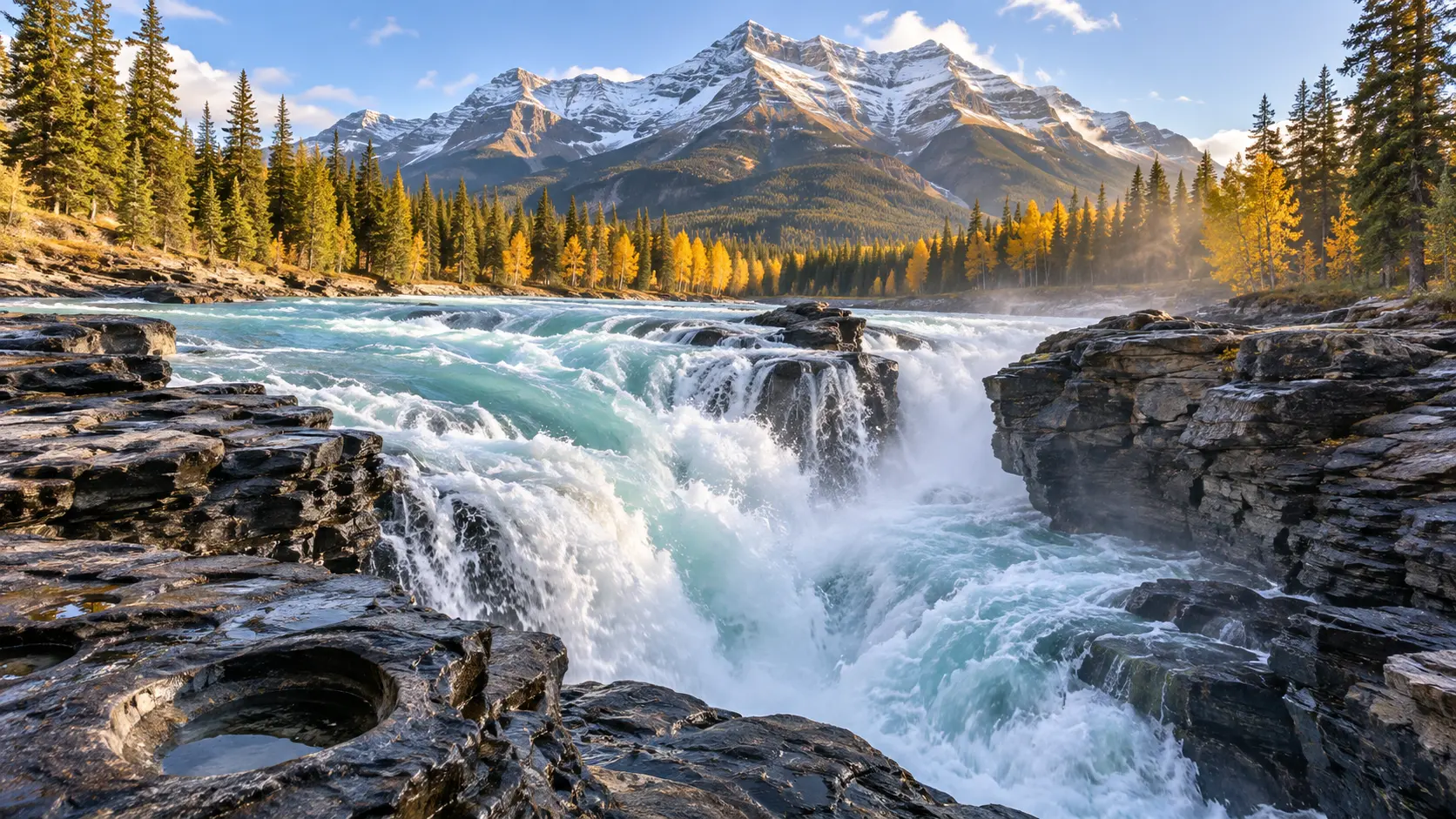 Turquoise water roars through sculpted dark rock at Athabasca Falls in Jasper.