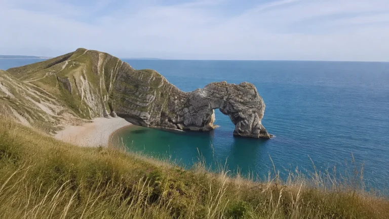 Natural stone arch extending from a grassy headland into blue water.