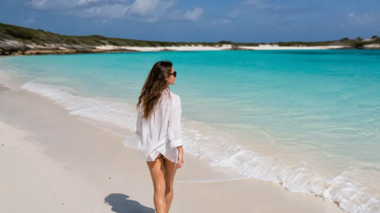 Woman standing on a pale beach beside brilliant turquoise water.