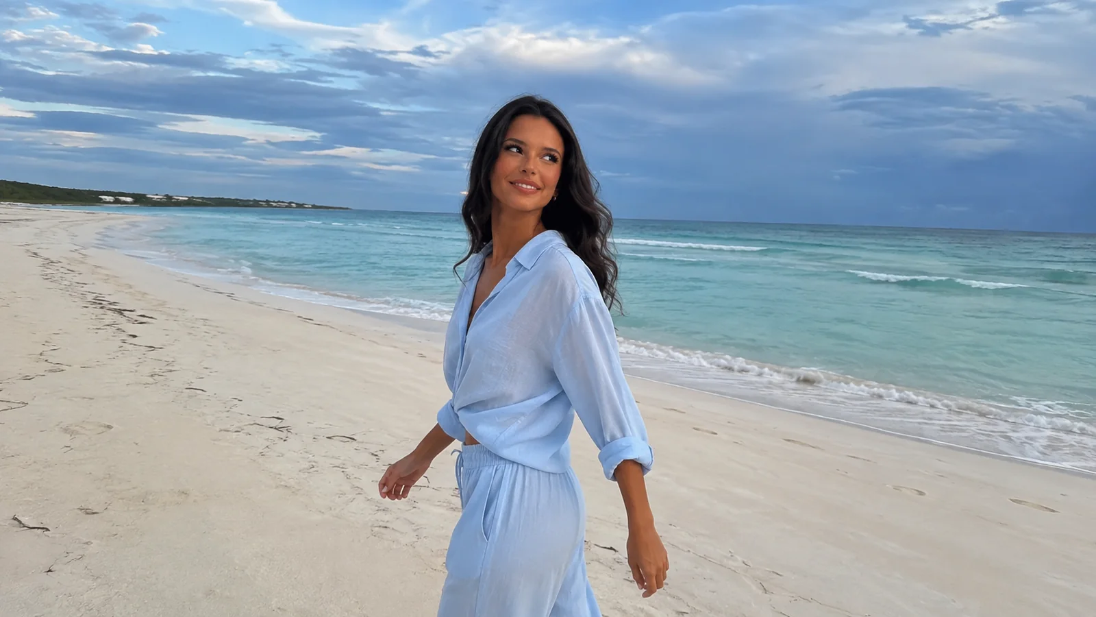 Woman in a light blue outfit walking along an empty sandy beach.