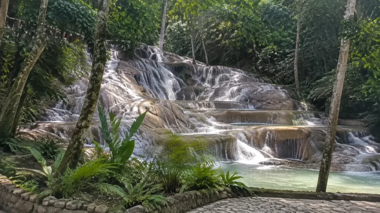 Tiered waterfall flowing over pale rock ledges in a tropical forest.
