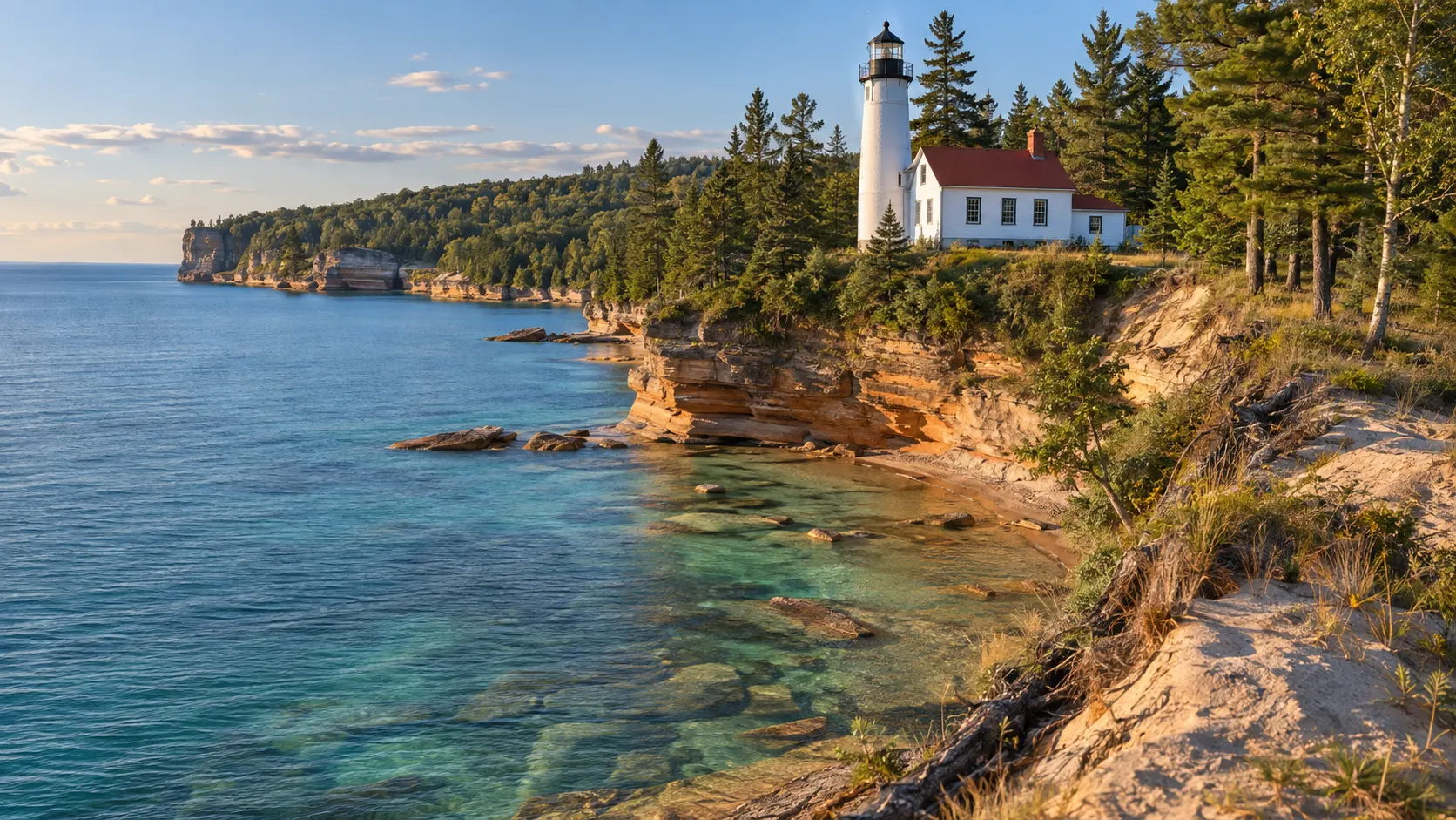 Au Sable Light Station stands above clear turquoise water and sandstone cliffs in Michigan.