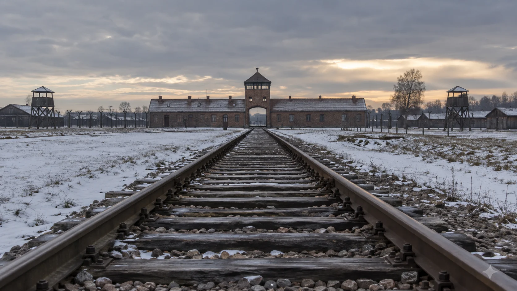 Snow-dusted railway tracks leading to the brick gatehouse at Auschwitz-Birkenau