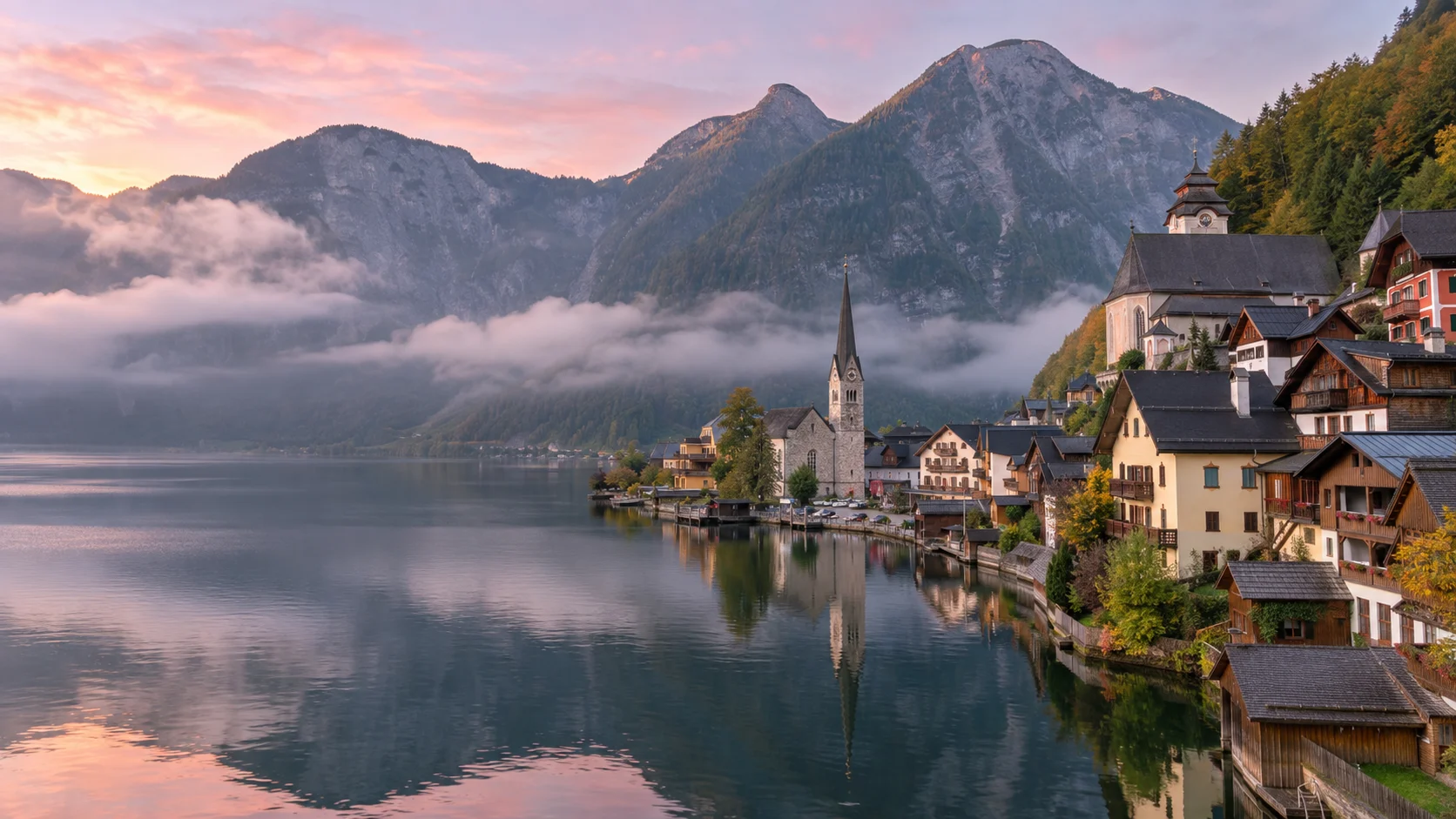 Hallstatt village and church reflected in Hallstätter See beneath misty mountains.