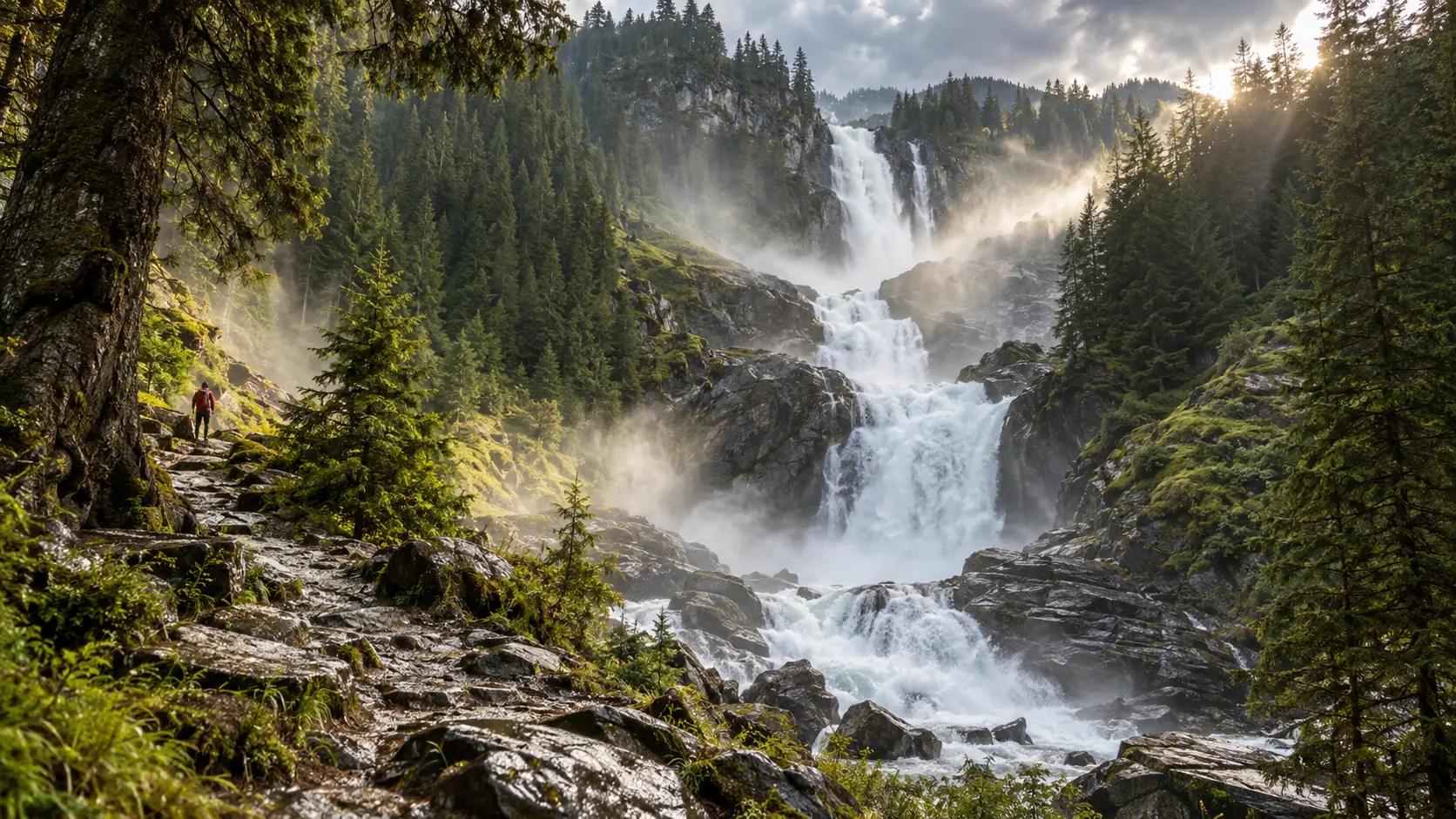 Krimml Waterfalls plunging through a steep forested alpine valley in Austria.