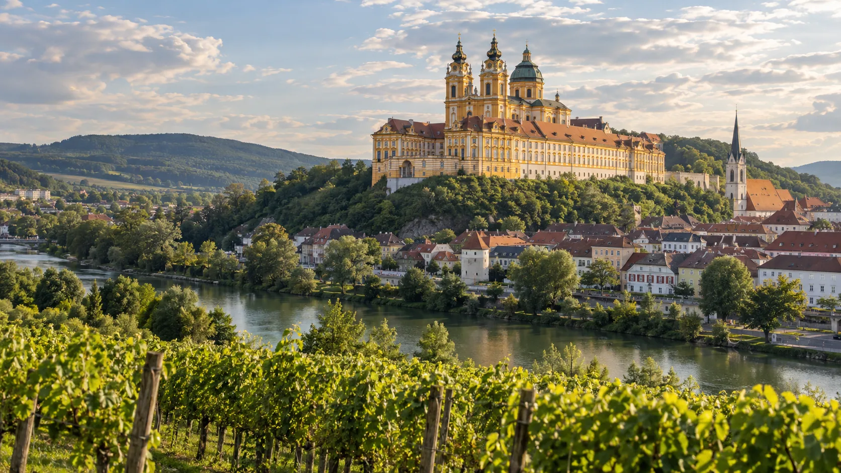 Melk Abbey rising above vineyards and the Danube-side town in Austria.