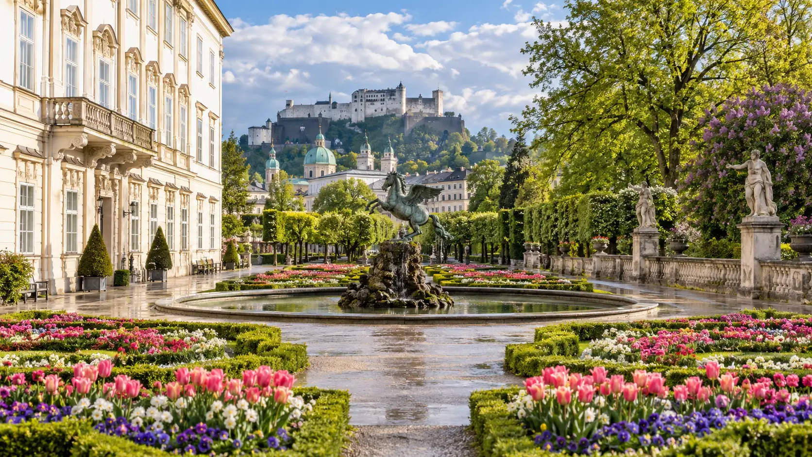 Mirabell Gardens with Pegasus Fountain and Hohensalzburg Fortress in the distance.