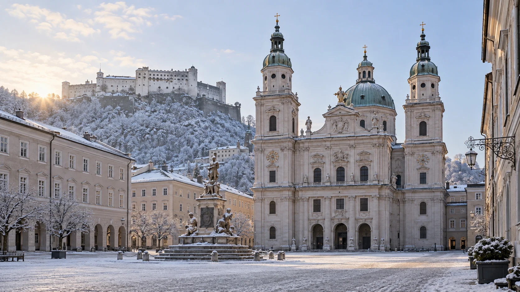 Salzburg Cathedral and Old Town buildings on a quiet snowy winter morning.