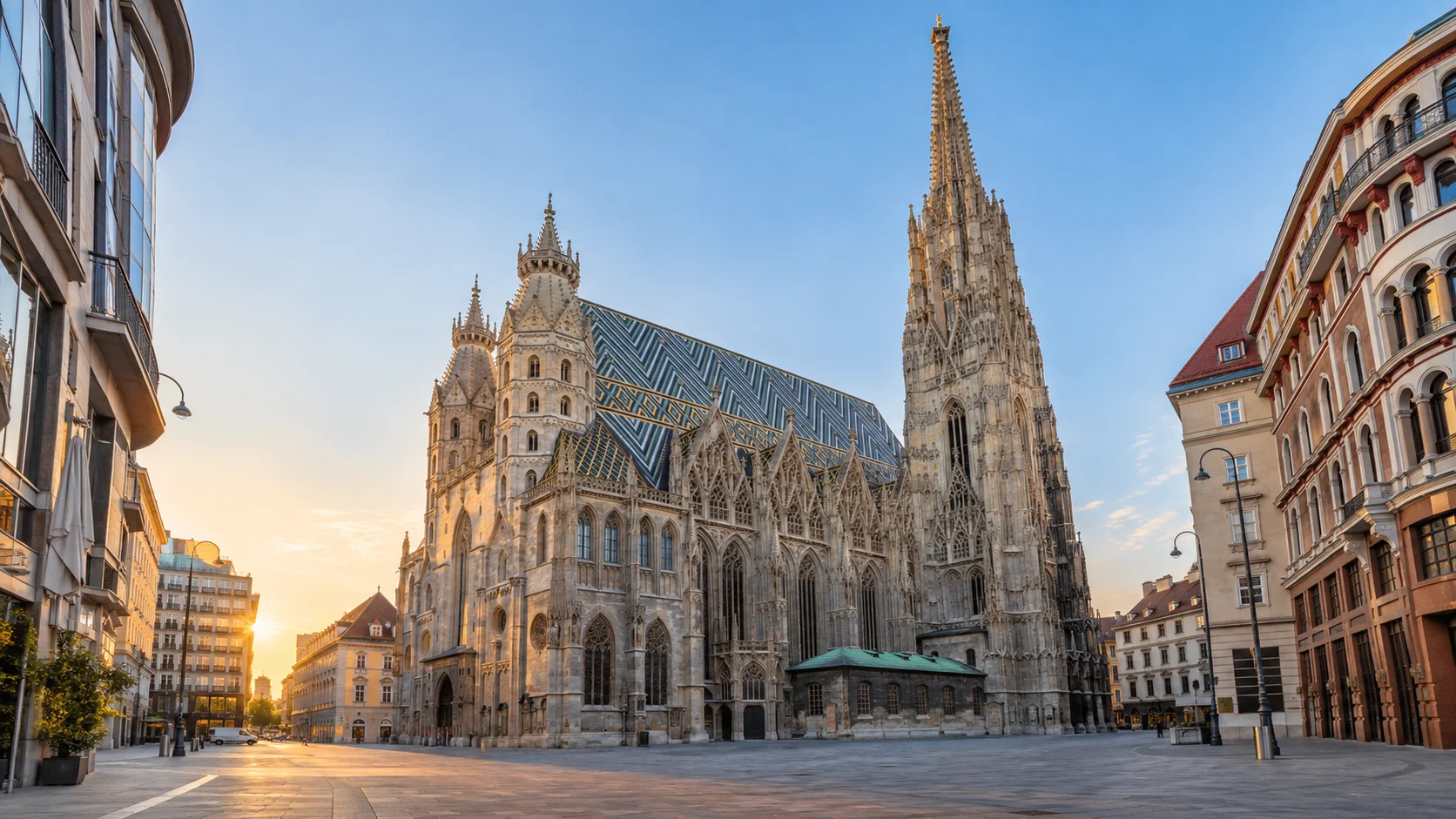 St. Stephen's Cathedral and its patterned tile roof at sunrise in Vienna, Austria.