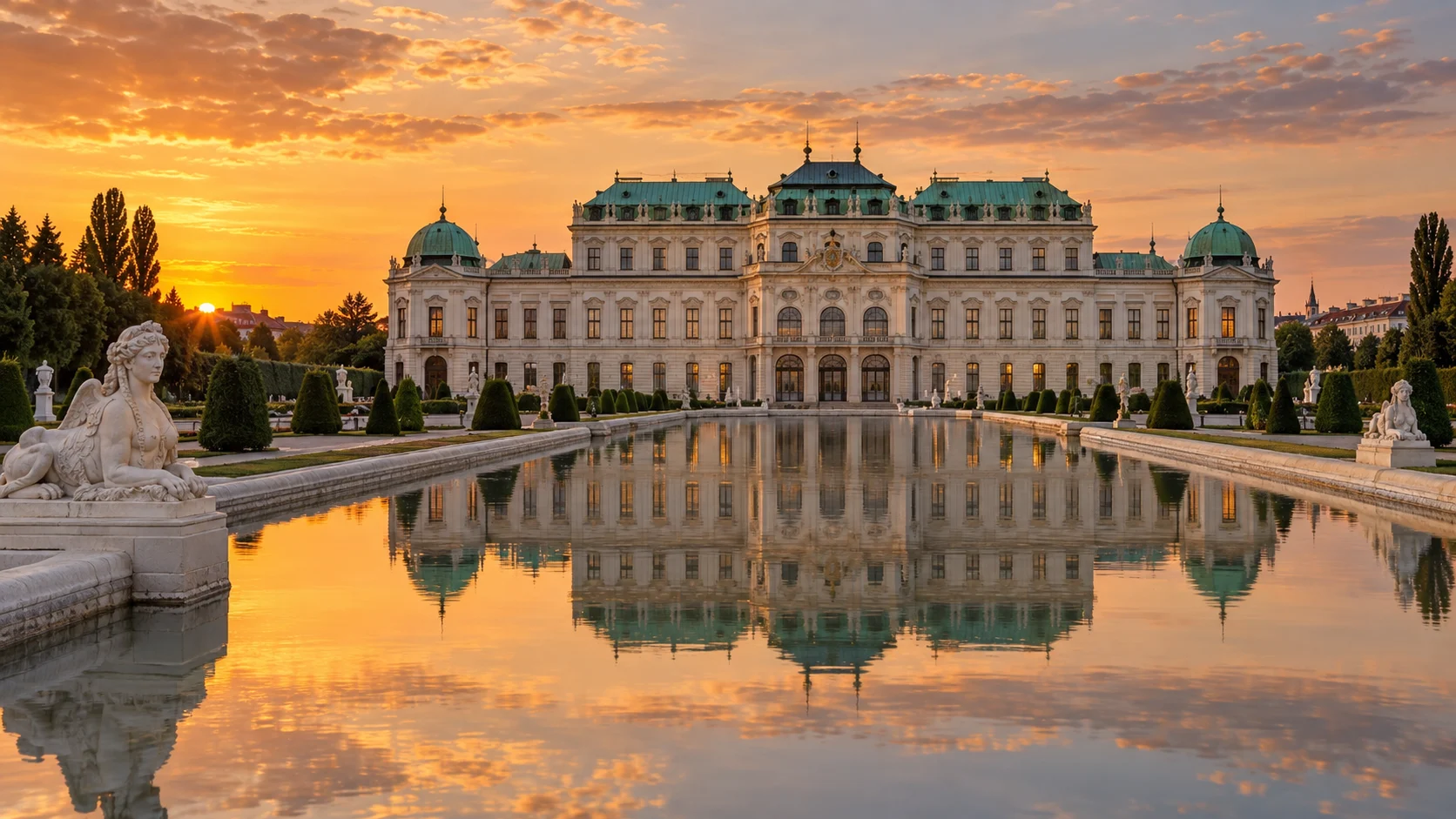 Upper Belvedere palace reflected in its ornamental pool at sunset in Vienna.