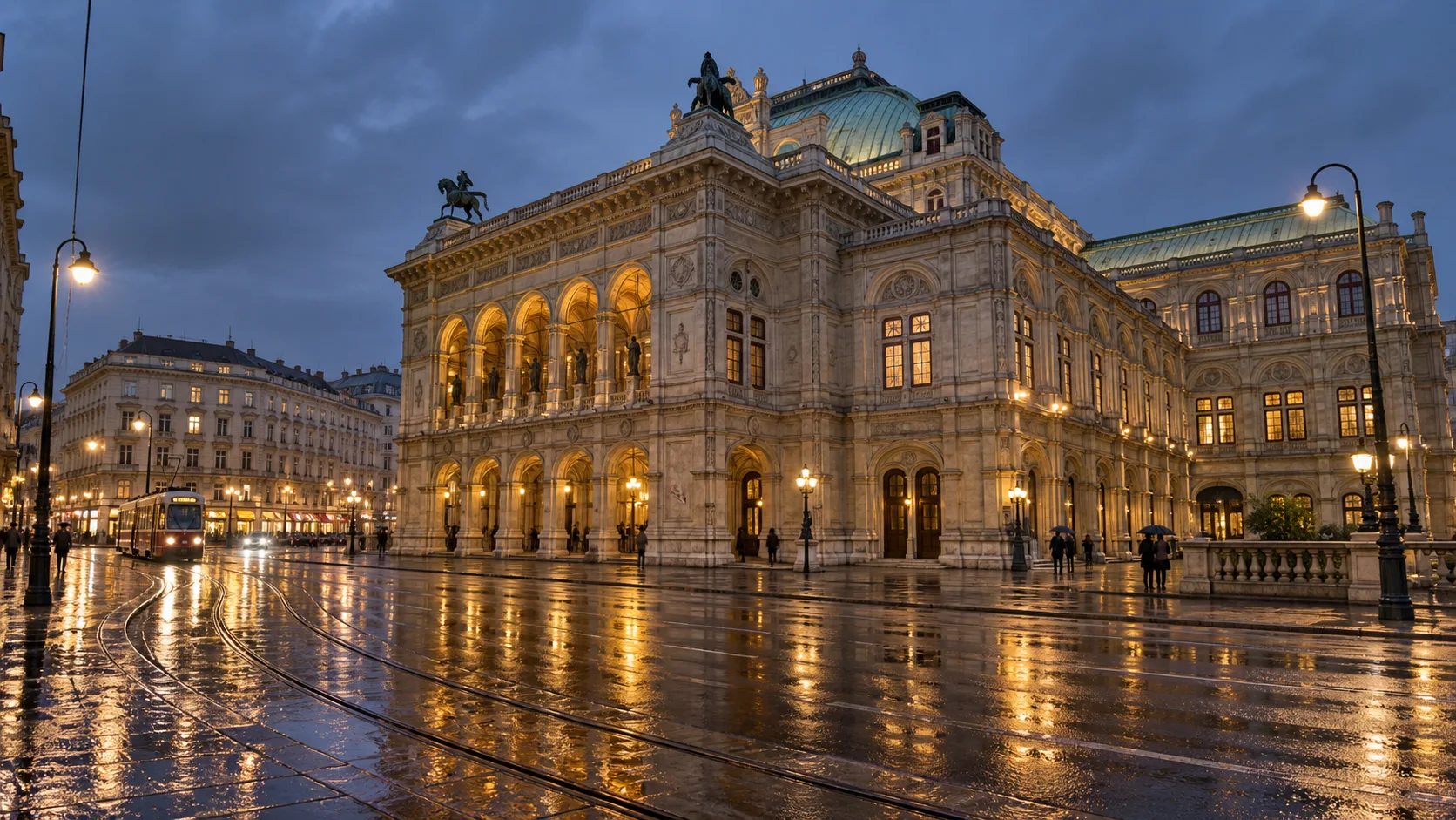 Vienna State Opera glowing beside rain-slicked streets at blue hour.
