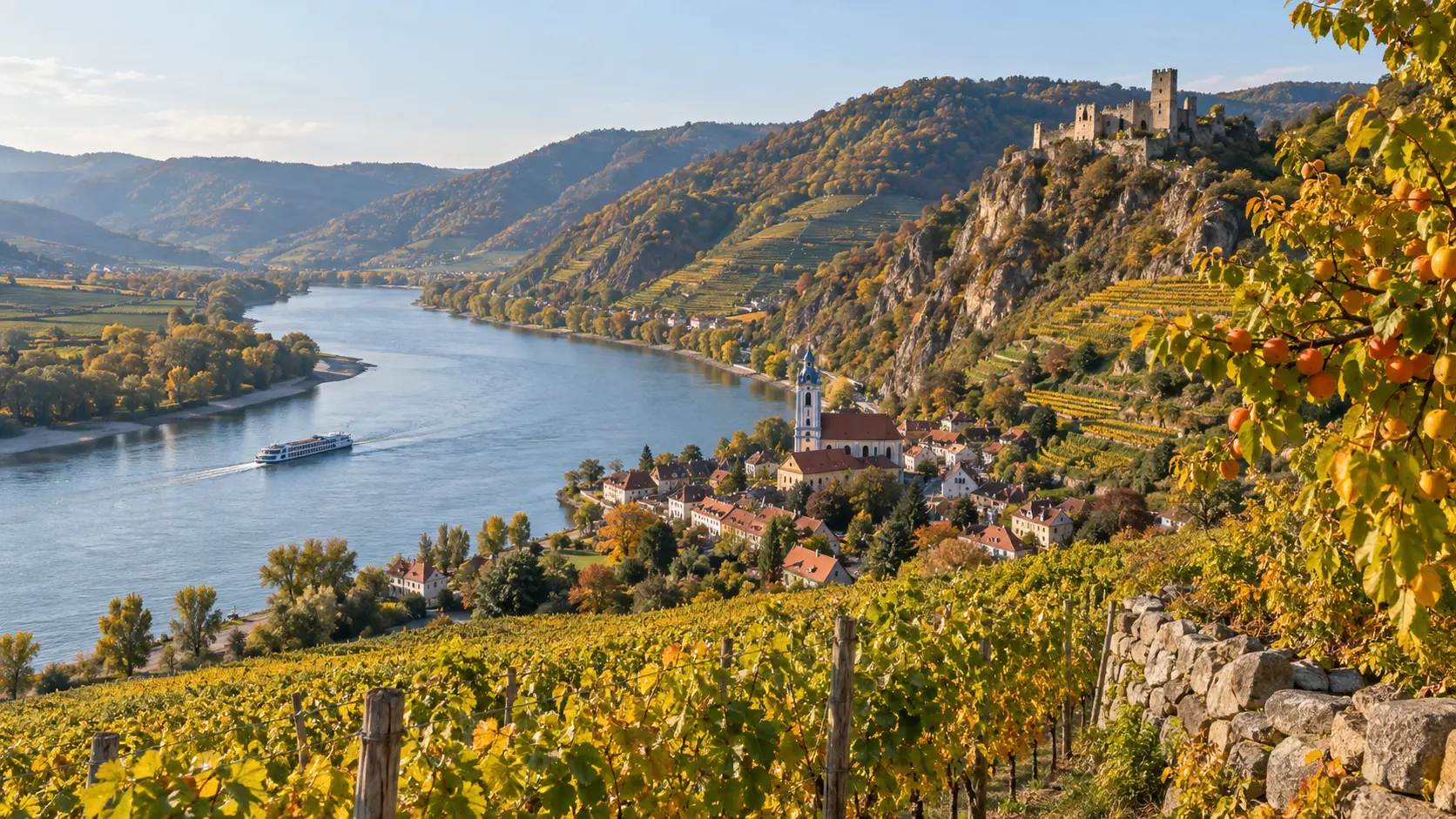 The Danube curves through terraced vineyards and villages in Austria's Wachau Valley.