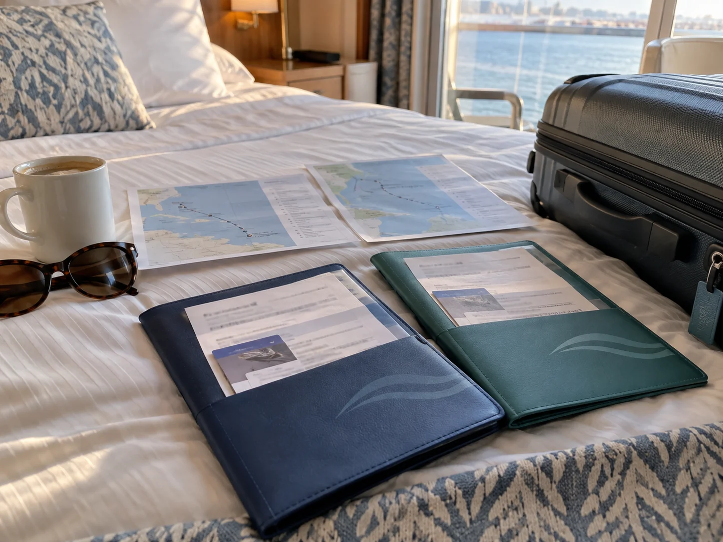 Two cruise boarding passes and two itinerary pages arranged beside a small suitcase